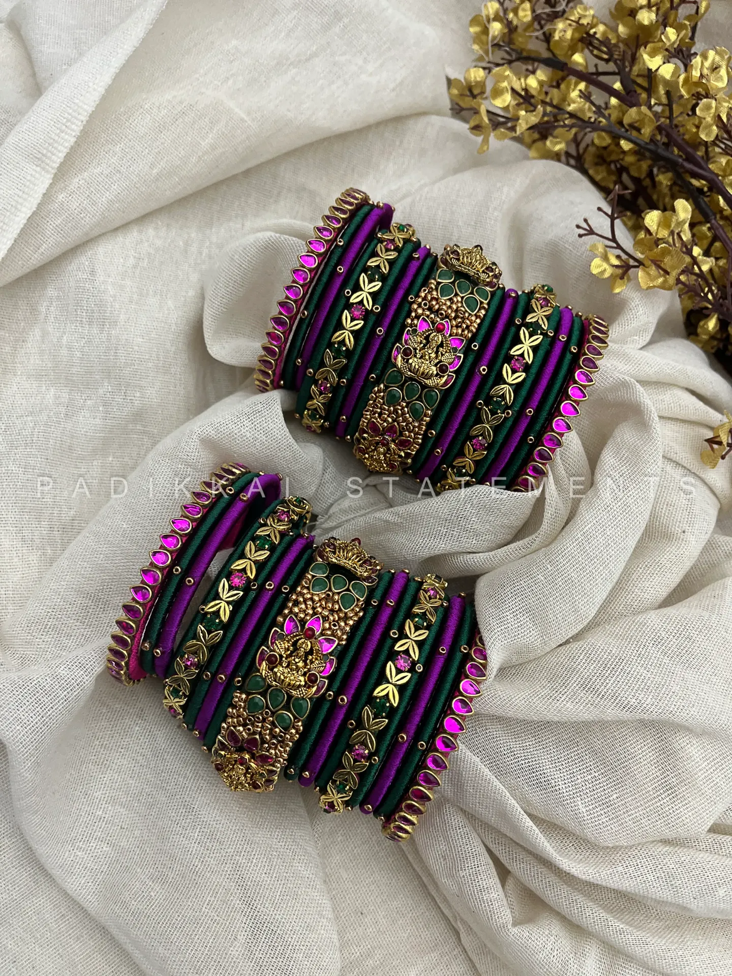Antique Padmaraga Lakshmi Kundan Bangle Set – Magenta Pink, Peacock Green & Antique Gold | Padikkai