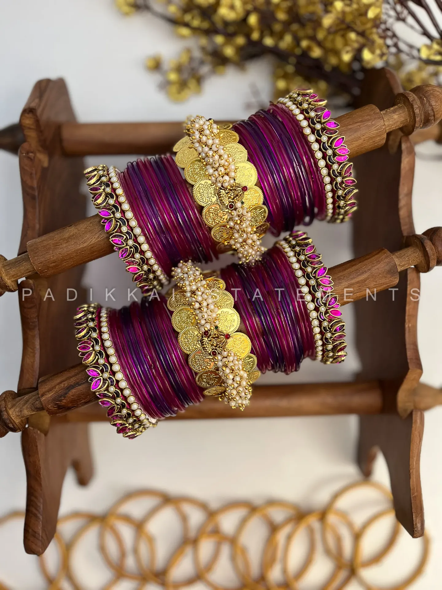 Varnika Lotus Coin Bridal Kundan Bangle Set – Magenta Pink & Antique Gold | Padikkai (2.2, Without Glass Bangles)