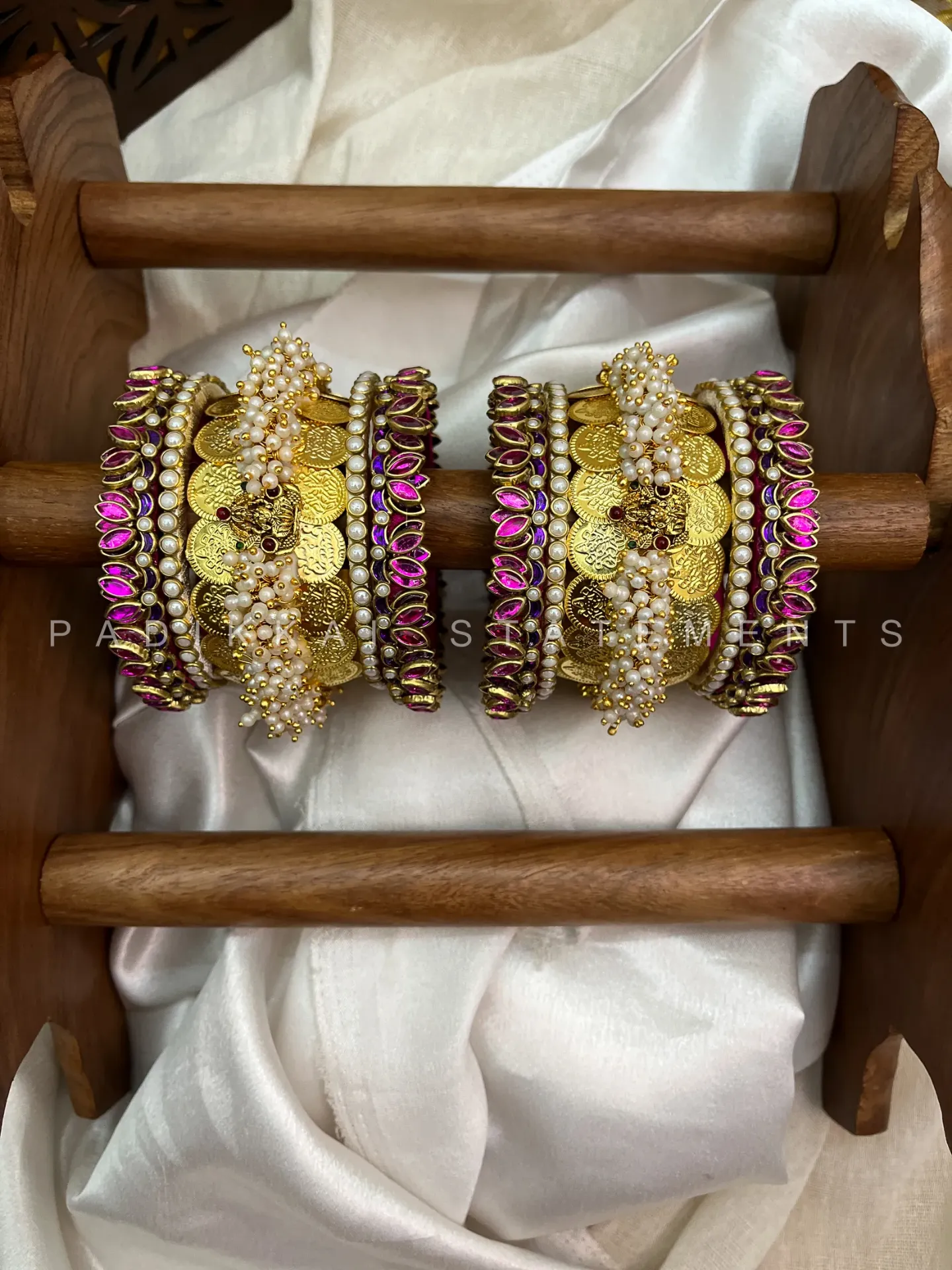 Varnika Lotus Coin Bridal Kundan Bangle Set – Magenta Pink, Purple & Antique Gold | Padikkai
