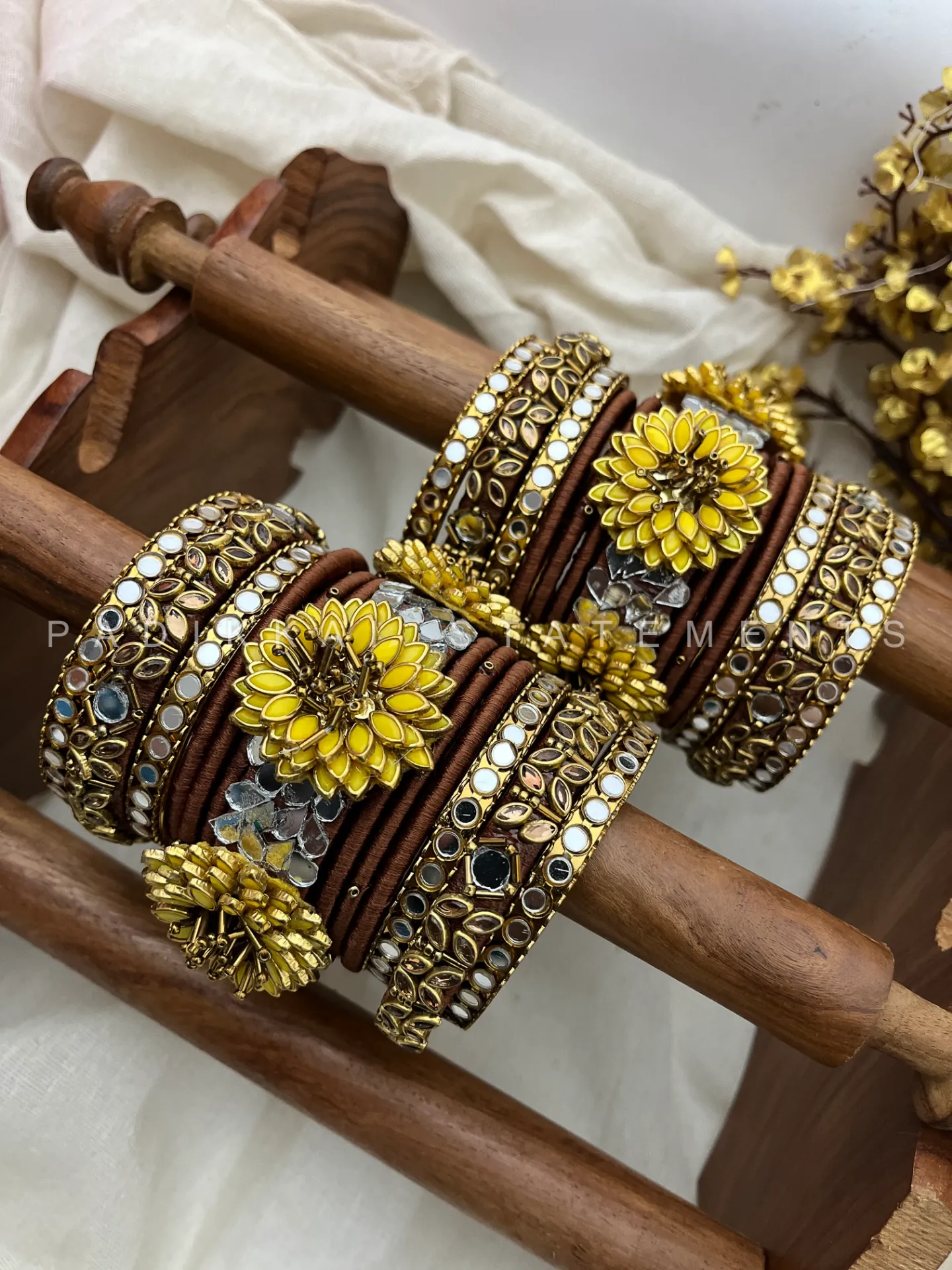 Sunflora Bloom Bridal Kundan Bangle Set – Yellow, Cocoa Brown & Antique Gold | Padikkai
