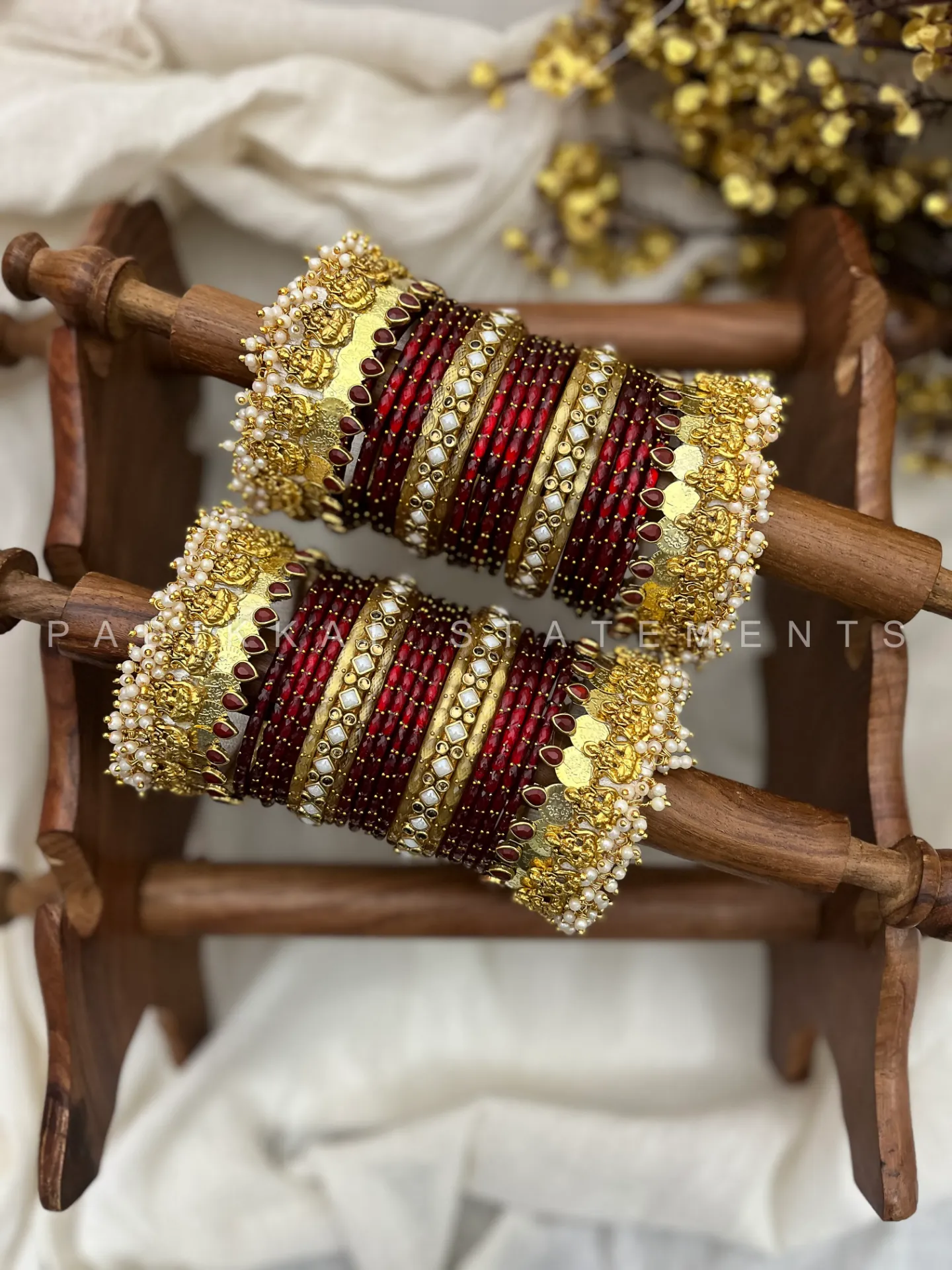Vaibhavam Lakshmi Bridal Kundan Bangle Set – Maroon, Pearl White & Antique Gold | Padikkai (2.2, With Glass Bangles)