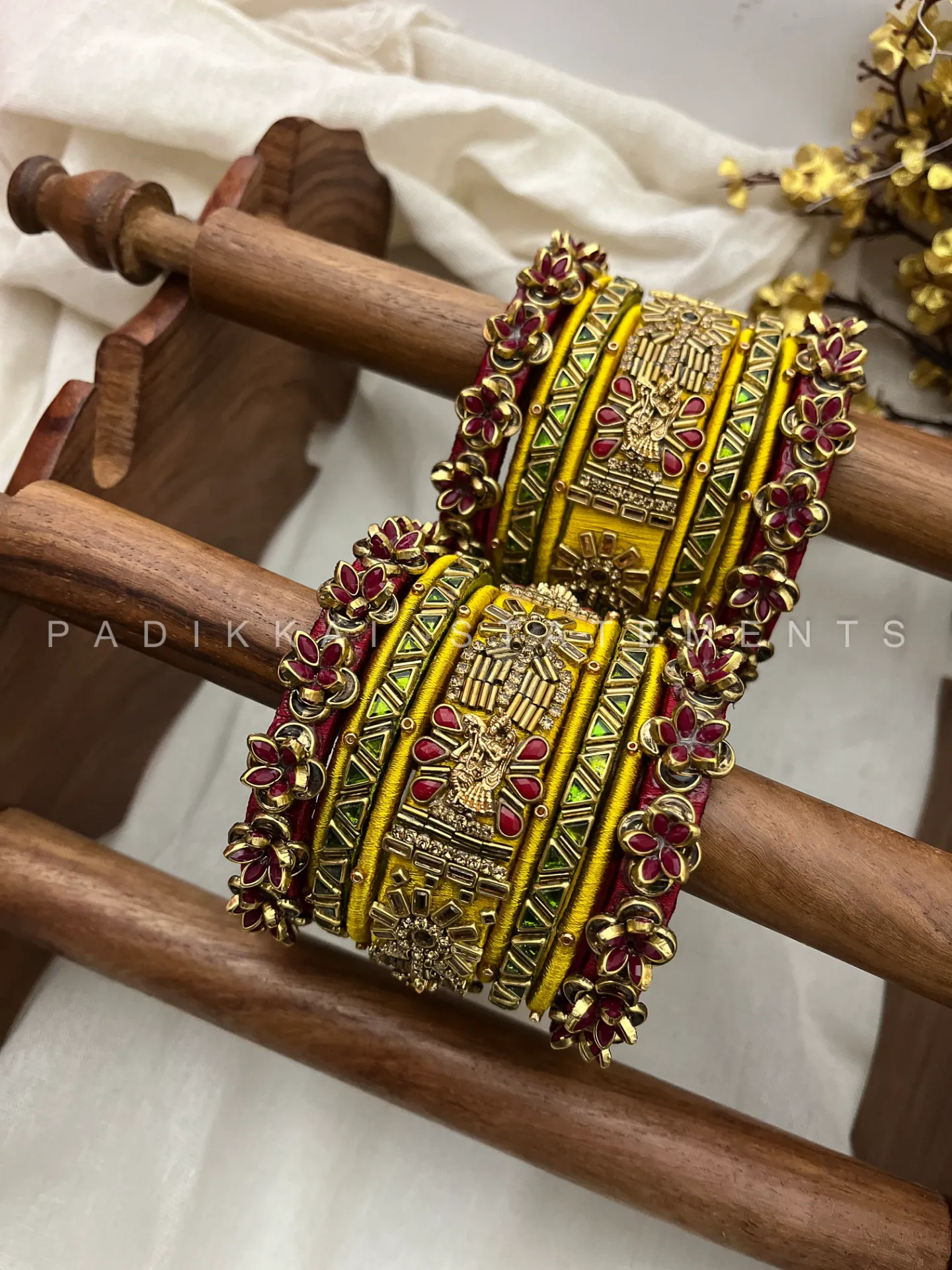 Radha Krishna Sandhya Kundan Bangle Set – Maroon, Mustard Yellow & Antique Gold | Padikkai