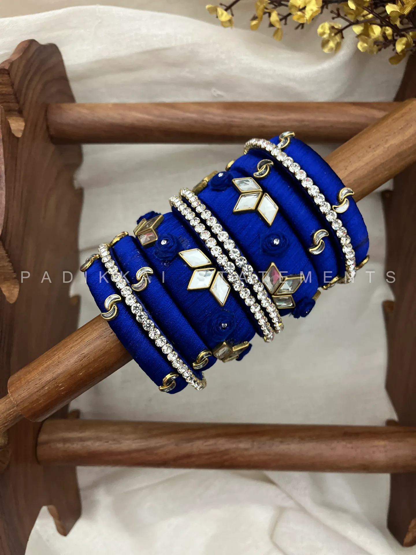 Neelam Glint Kundan Bangle Stack – Navy Blue & White | Padikkai
