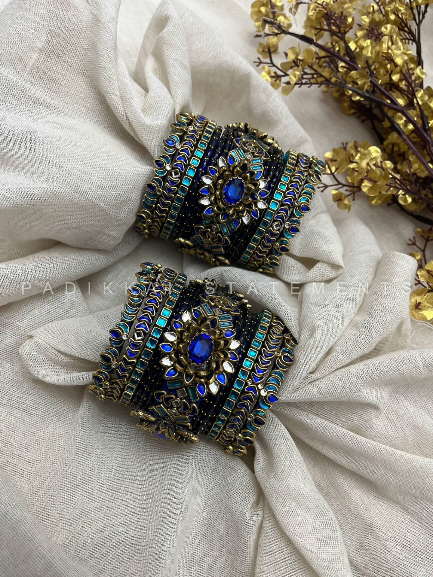 Chola Neelam Lotus Crown Kundan Bangles – Royal Blue and Peacock Blue | Padikkai (2.2, With Glass Bangles)