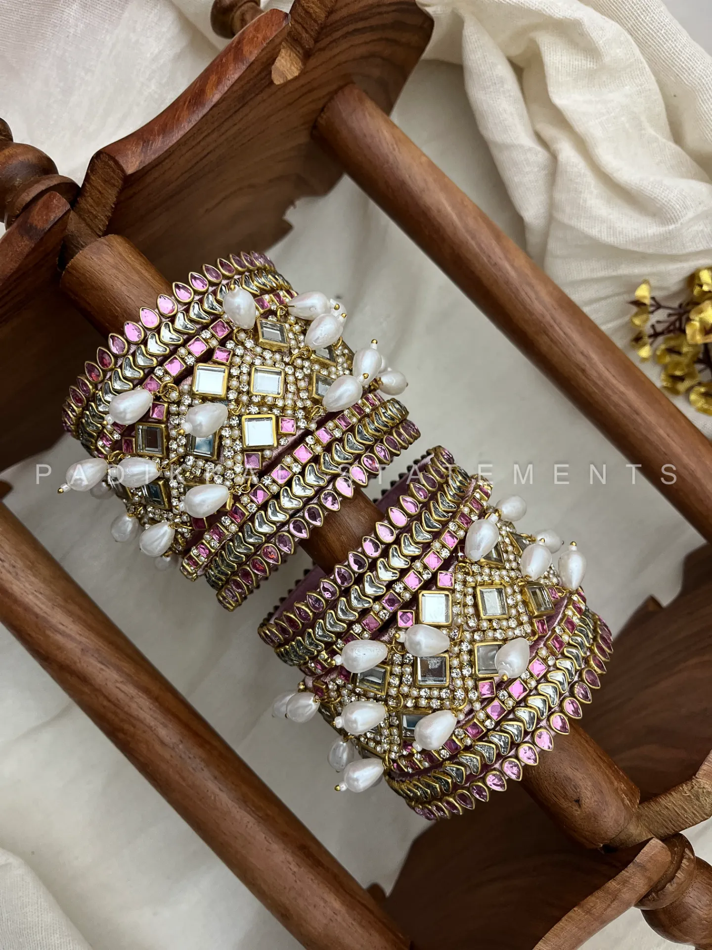 Pearl Cascade Bridal Kundan Bangles – Baby Pink, Pearl White and Gold | Padikkai