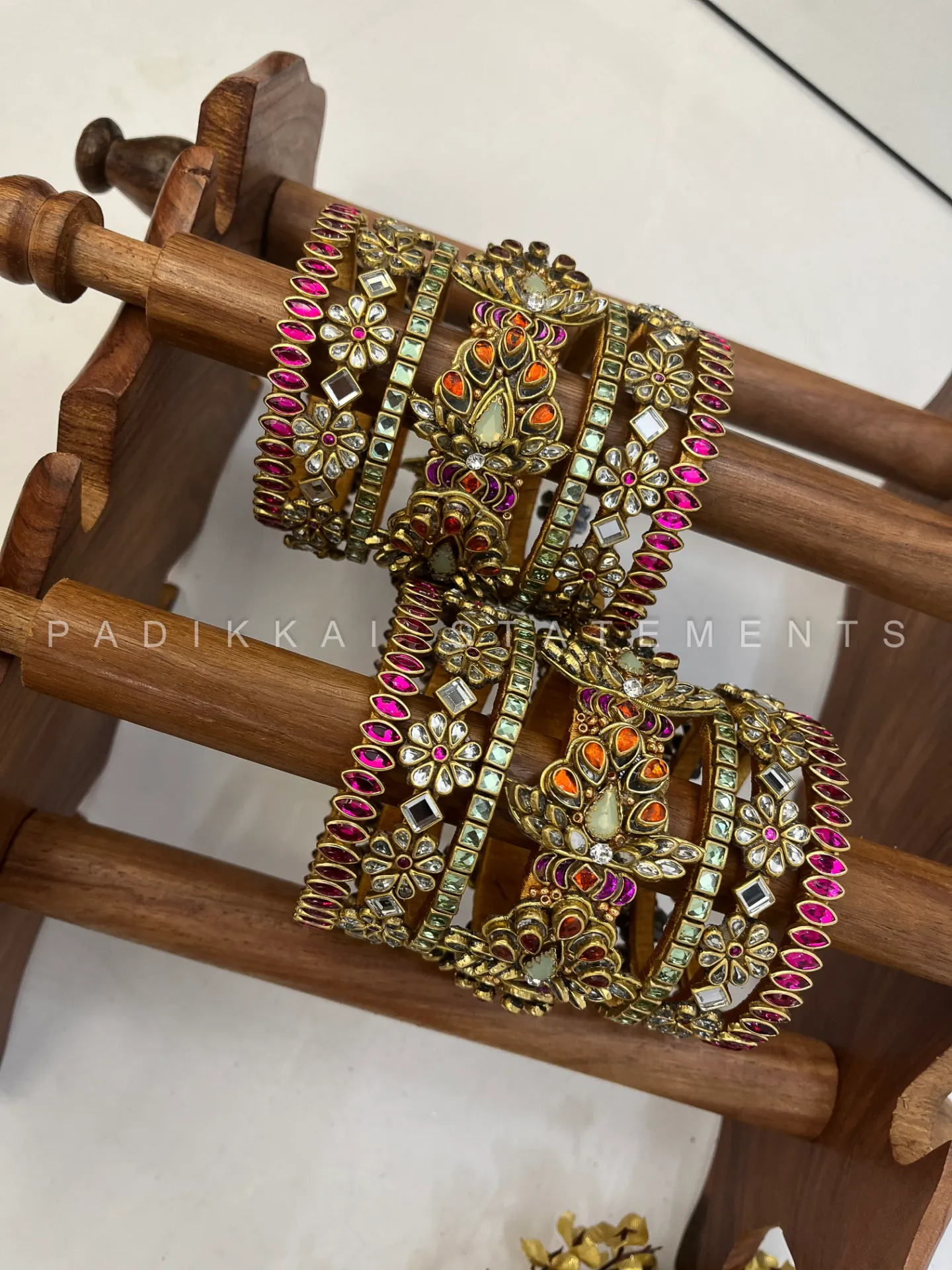Mayura Varnam Bridal Kundan Bangles – Rani Pink, Mint Green and Gold | Padikkai