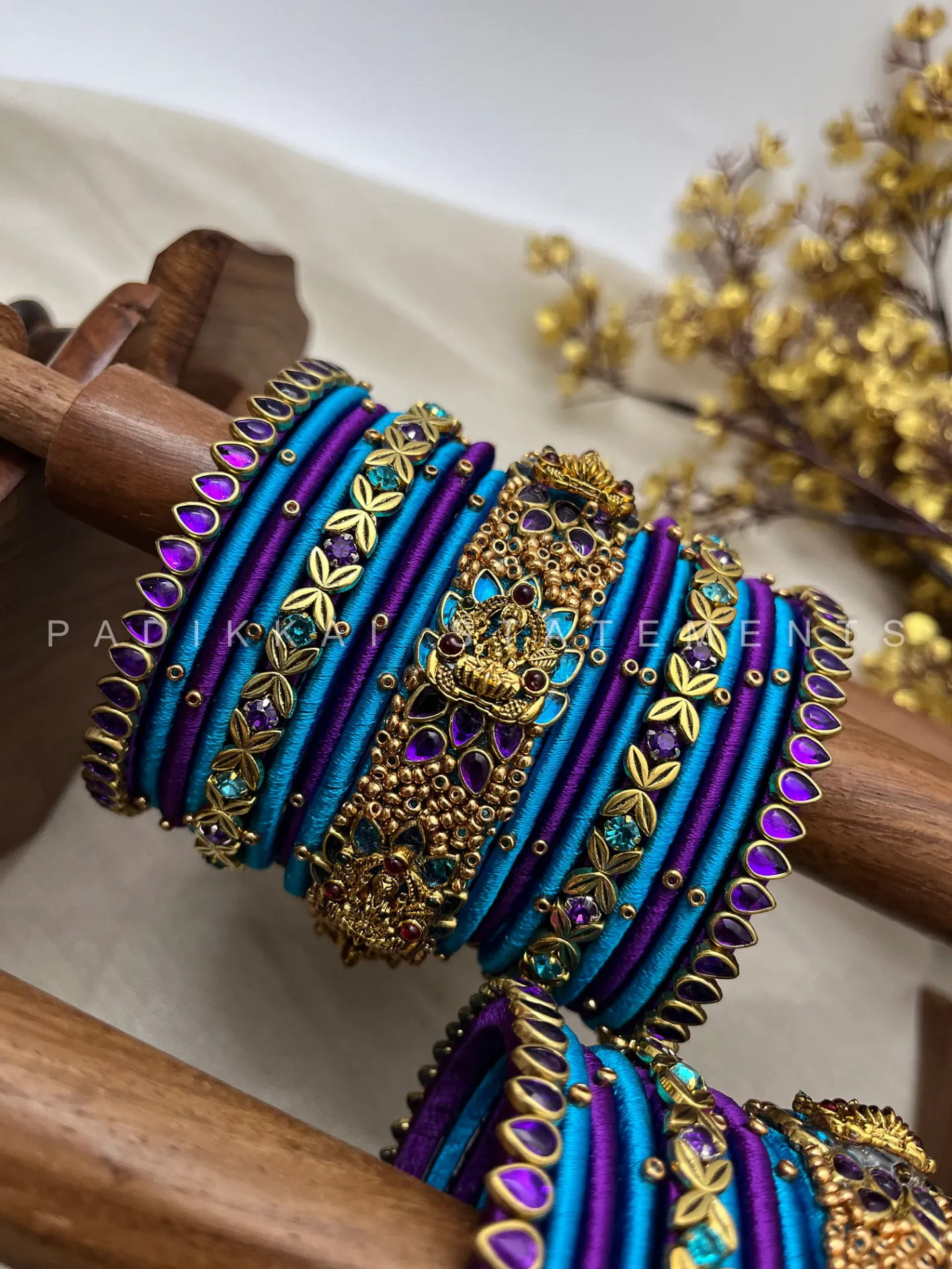 Antique Padmaraga Lakshmi Kundan Bangle Set – Peacock Blue, Royal Purple & Antique Gold | Padikkai