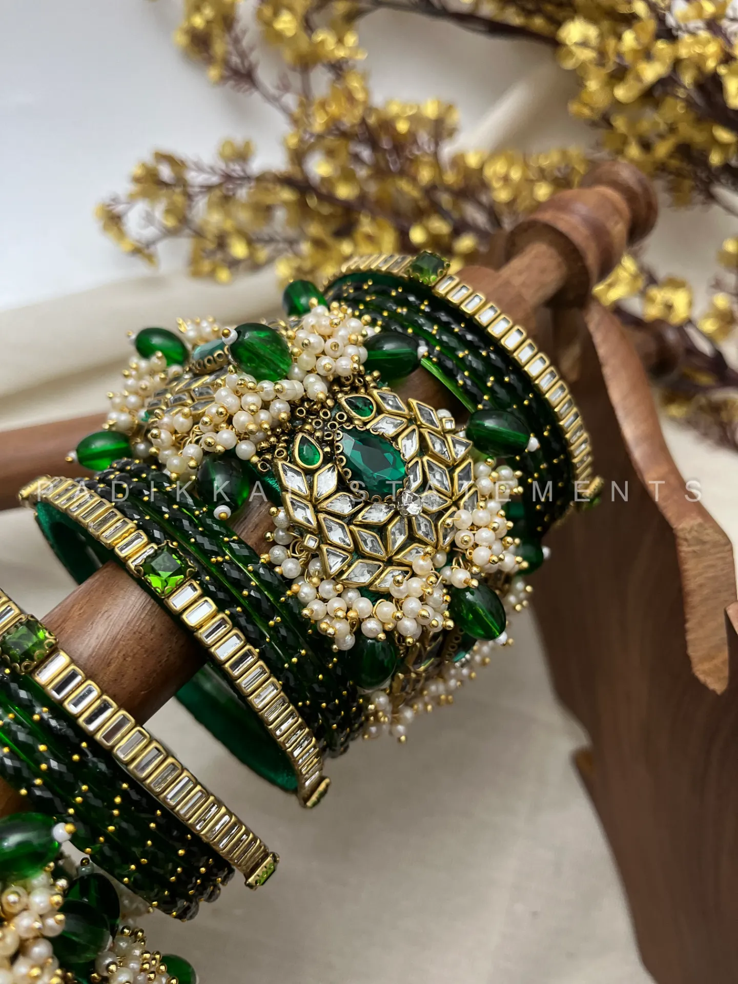 Maragatha Chandra Half Moon Engagement Set – Emerald Green and Mirror White | Padikkai (2.2, With Glass Bangles)