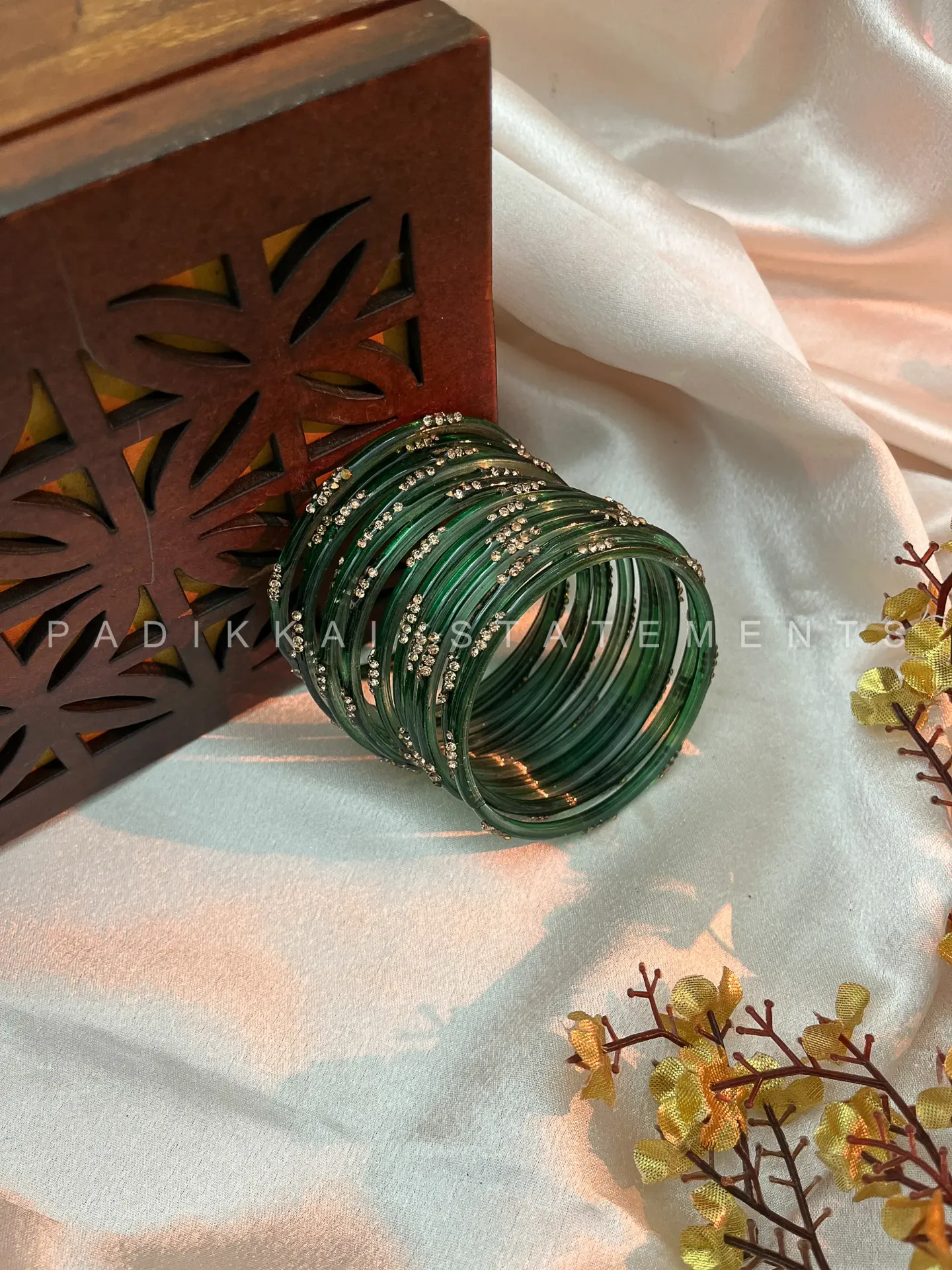 Tarang Zircon Glass Bangles | Padikkai (Dark Green, 2.4)