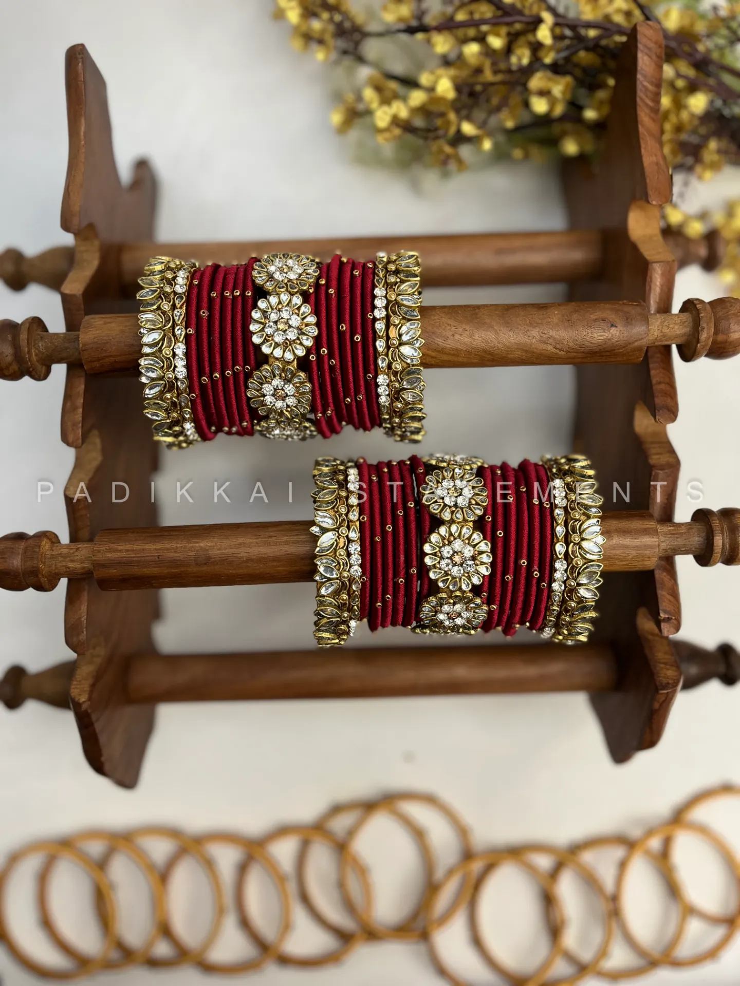 Madhurima Pushpa Kundan Bangle Set – Deep Maroon, Mirror White & Antique Gold | Padikkai