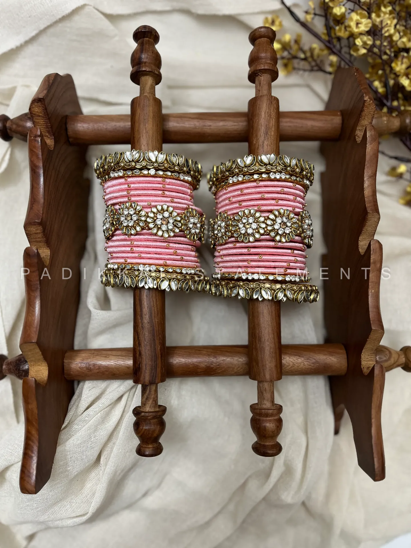 Madhurima Pushpa Kundan Bangle Set – Pastel Pink, Mirror White & Antique Gold | Padikkai (2.2)