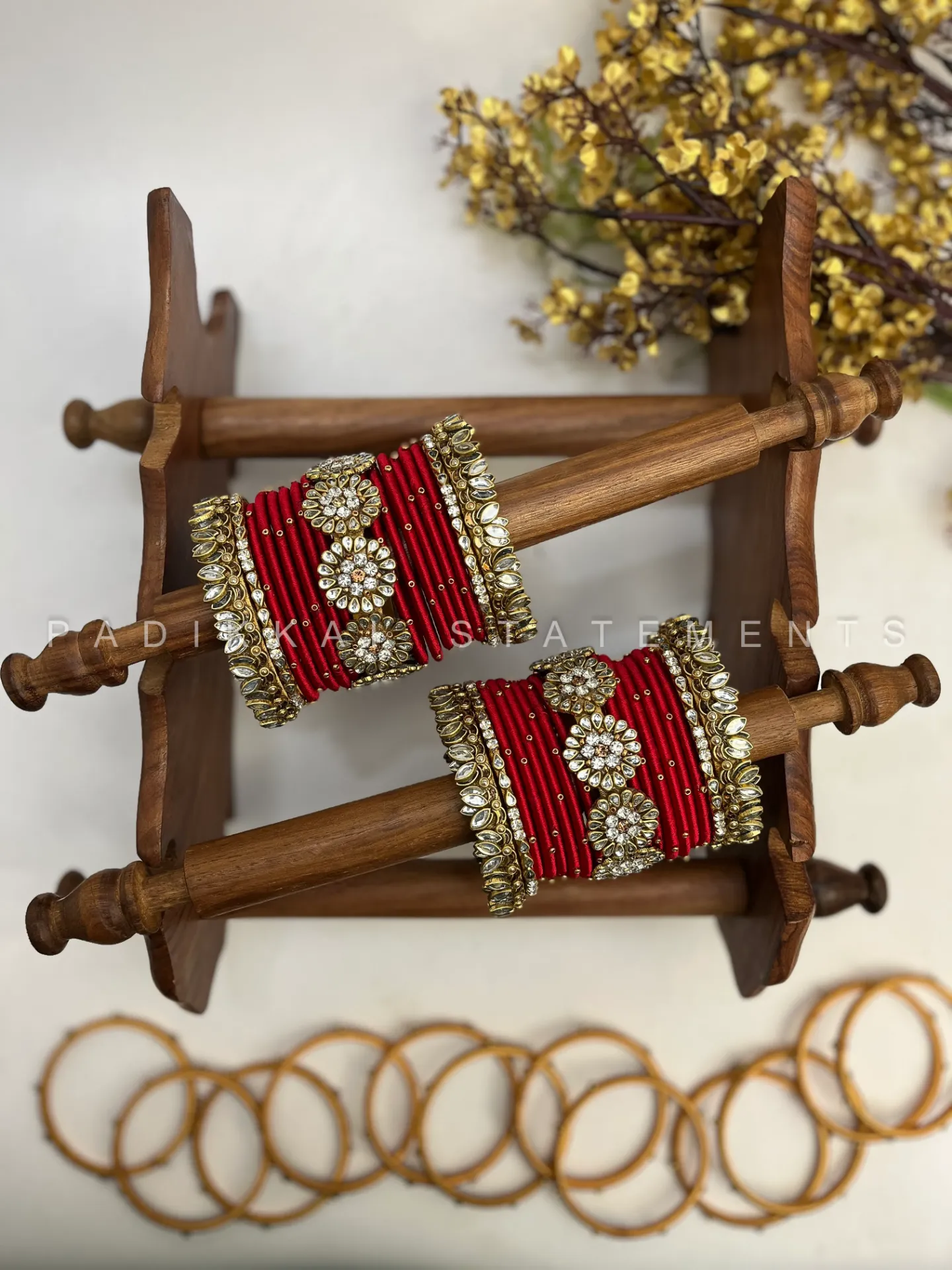 Madhurima Pushpa Kundan Bangle Set – Crimson Red, Mirror White & Antique Gold | Padikkai (2.2)