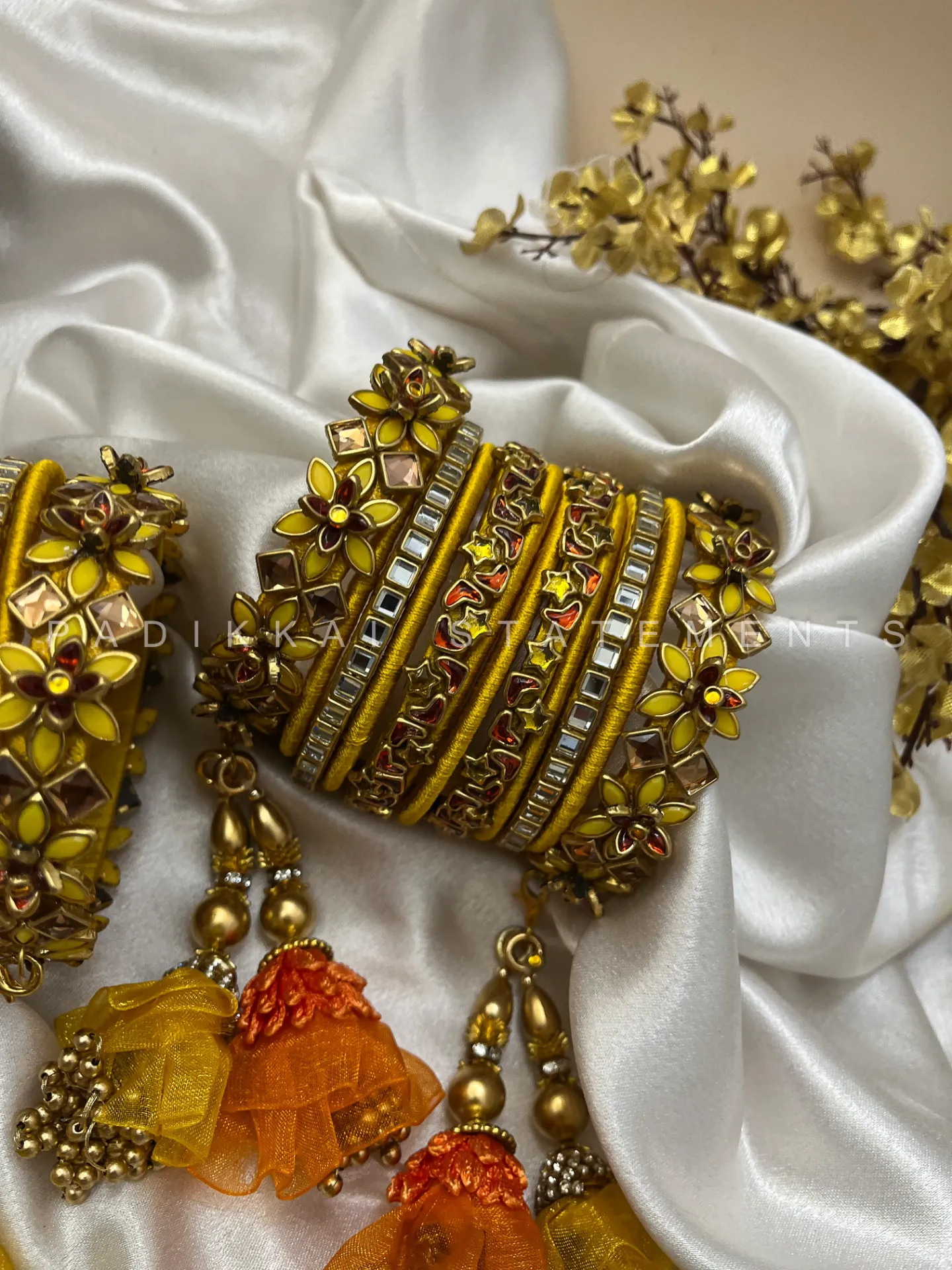 Aarohi Malar Festive Kundan Bangle Set – Saffron Yellow, Orange & Antique Gold | Padikkai