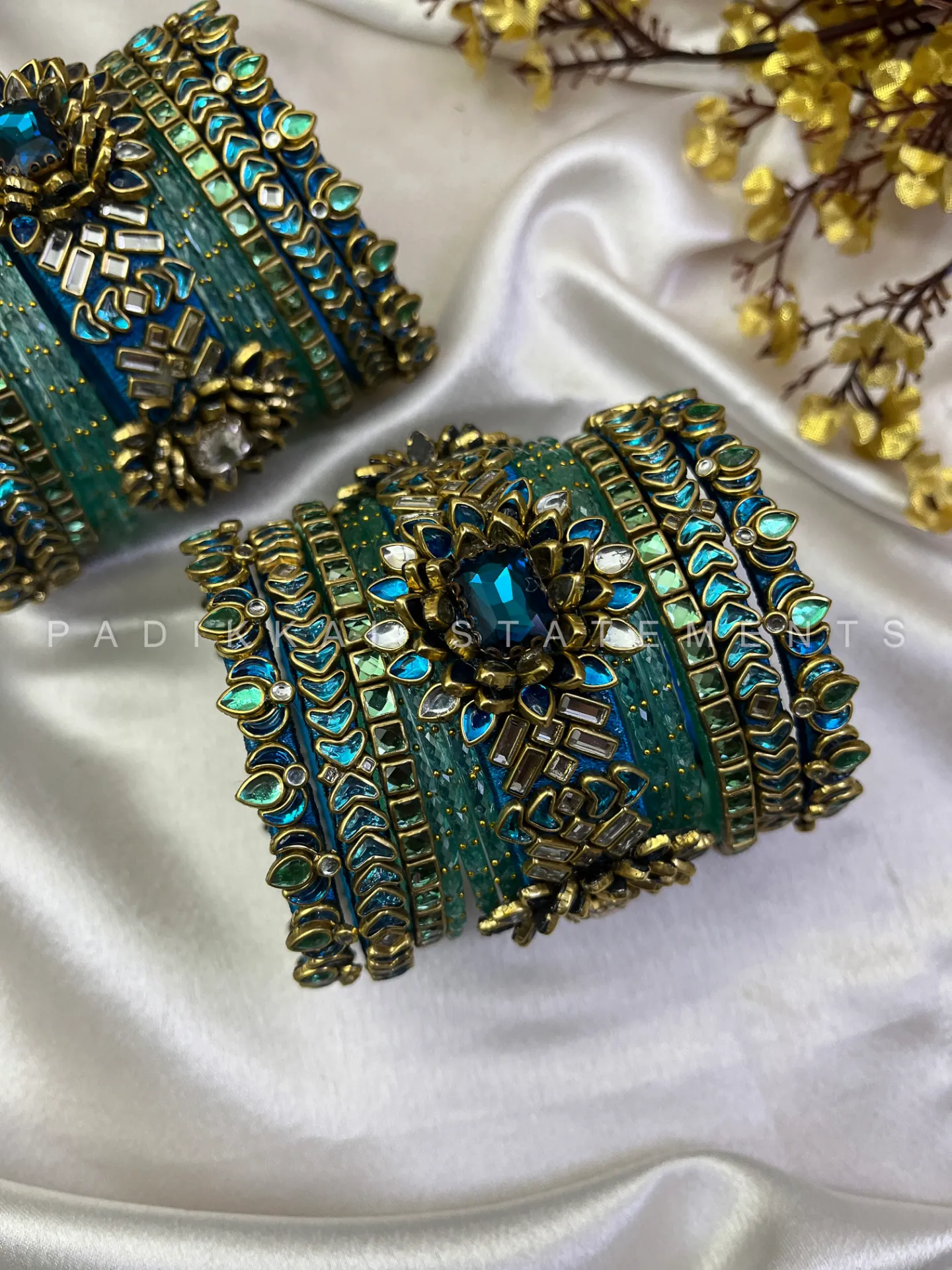 Chola Neelam Lotus Crown Kundan Bangles – Peacock Blue, Sea Green and Mint Green | Padikkai (2.2, With Glass Bangles)