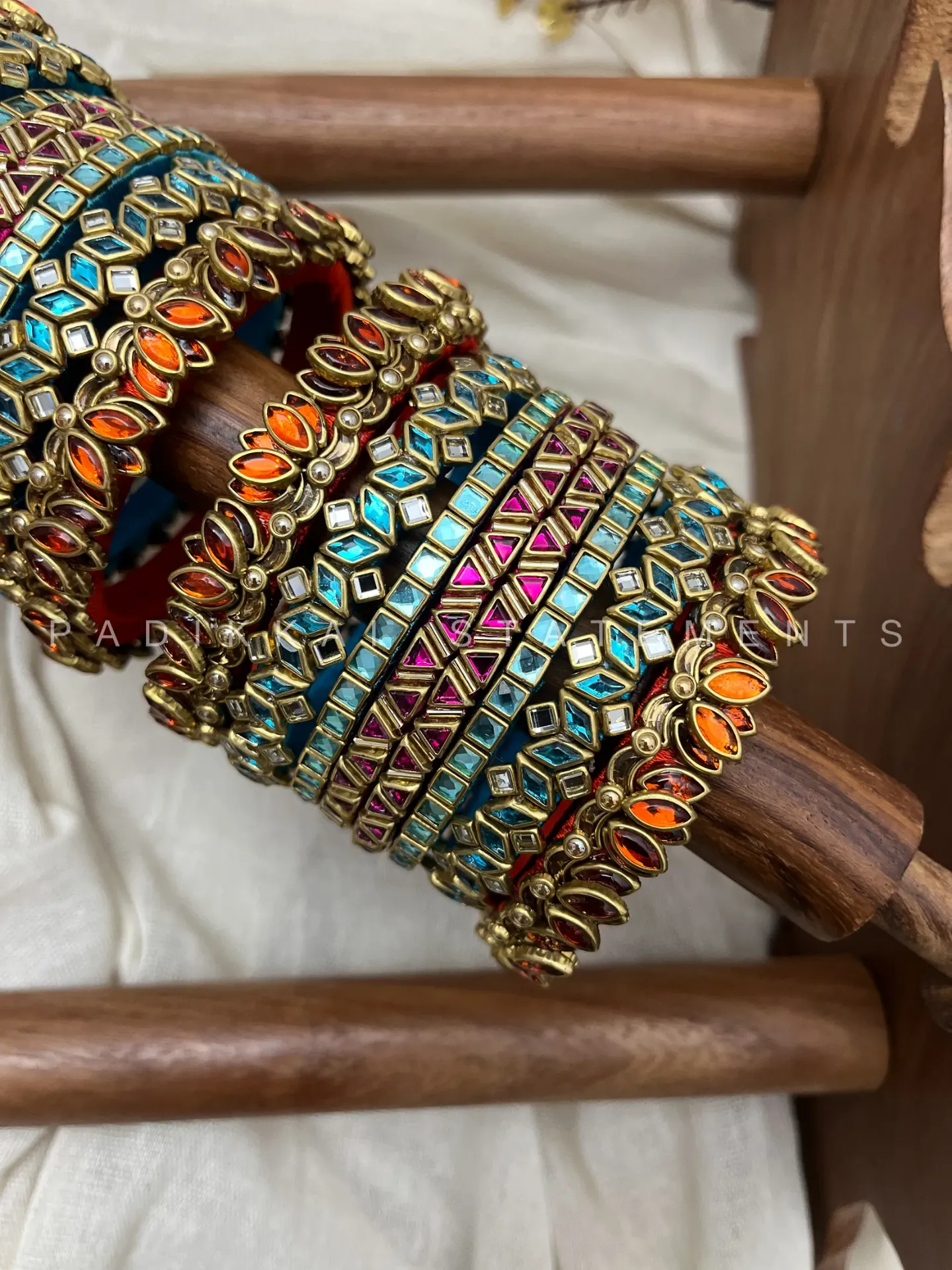 Thamarai Varnika Festive Kundan Bangle Set – Sea Blue, Magenta Pink, Orange & Antique Gold | Padikkai