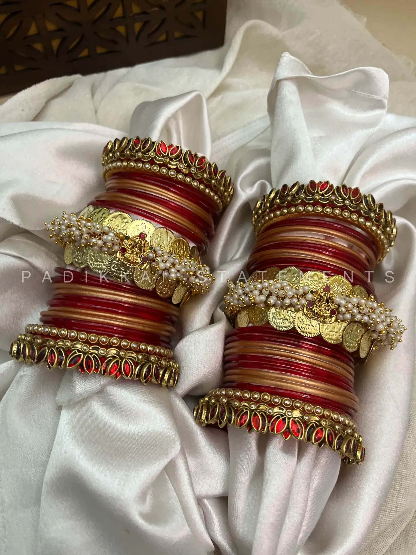 Varnika Lotus Coin Bridal Kundan Bangle Set – Ruby Red, Copper Gold & Antique Gold | Padikkai