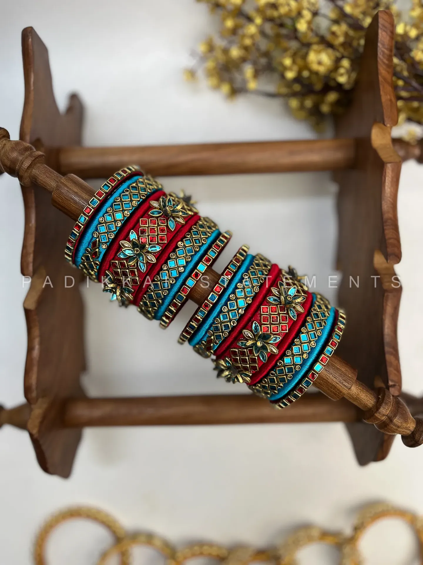 [00169 BN STP A 2.2] Aaral Pushpa Kundan Bangle Set – Sky Blue, Ruby Red & Antique Gold | Padikkai (2.2)