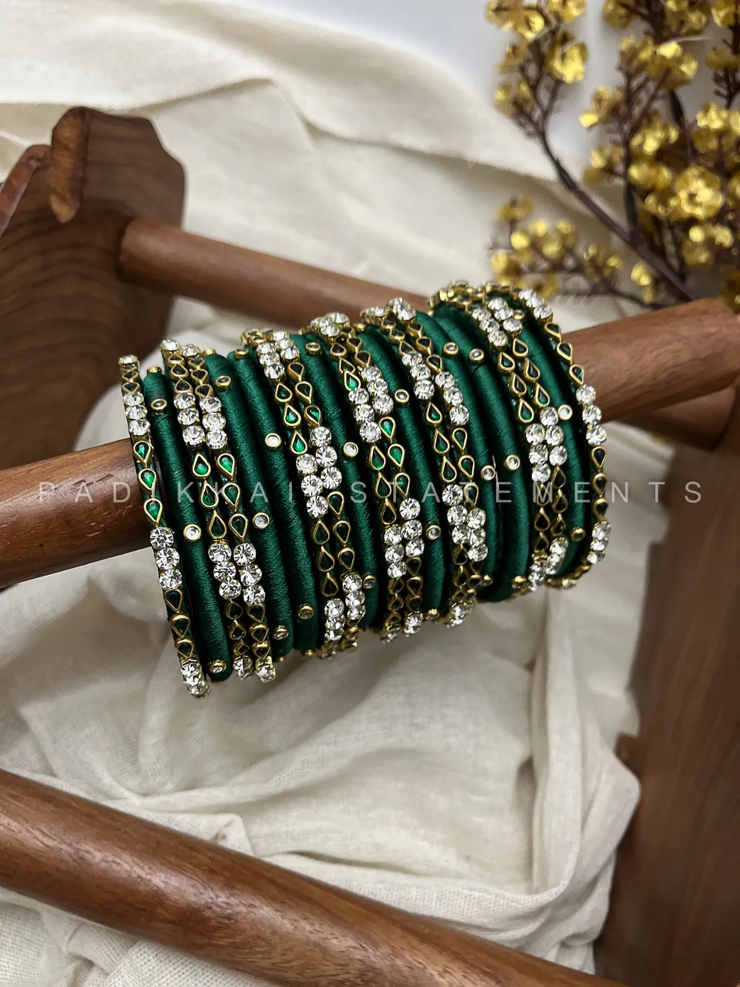 [00046 BN STP A 2.2] Thulir Kundan Bangle Set – Dark Green, Mirror White and Antique Gold | Padikkai (2.2)