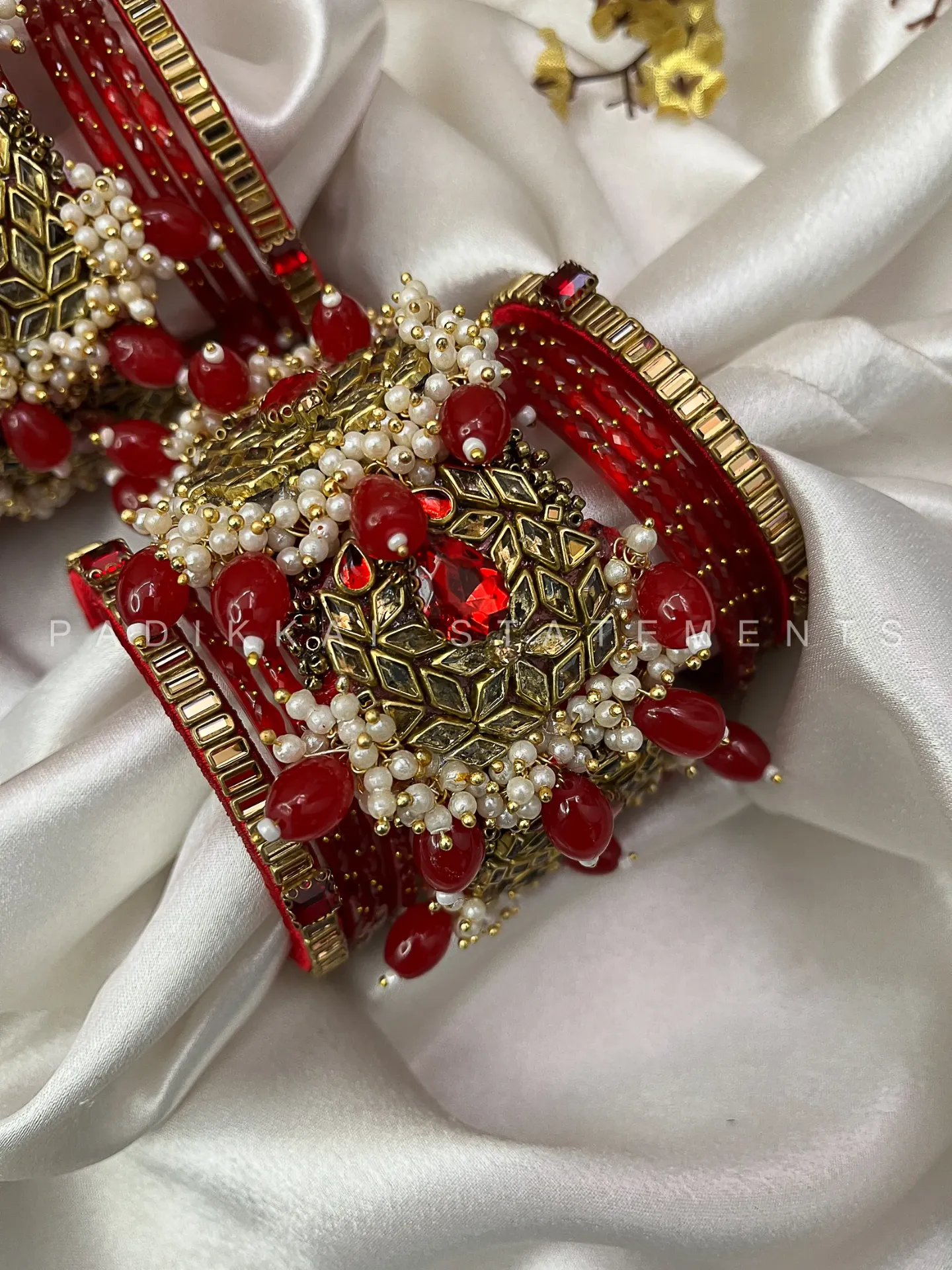 Maragatha Chandra Half Moon Engagement Set – Ruby Red and Glass Gold | Padikkai