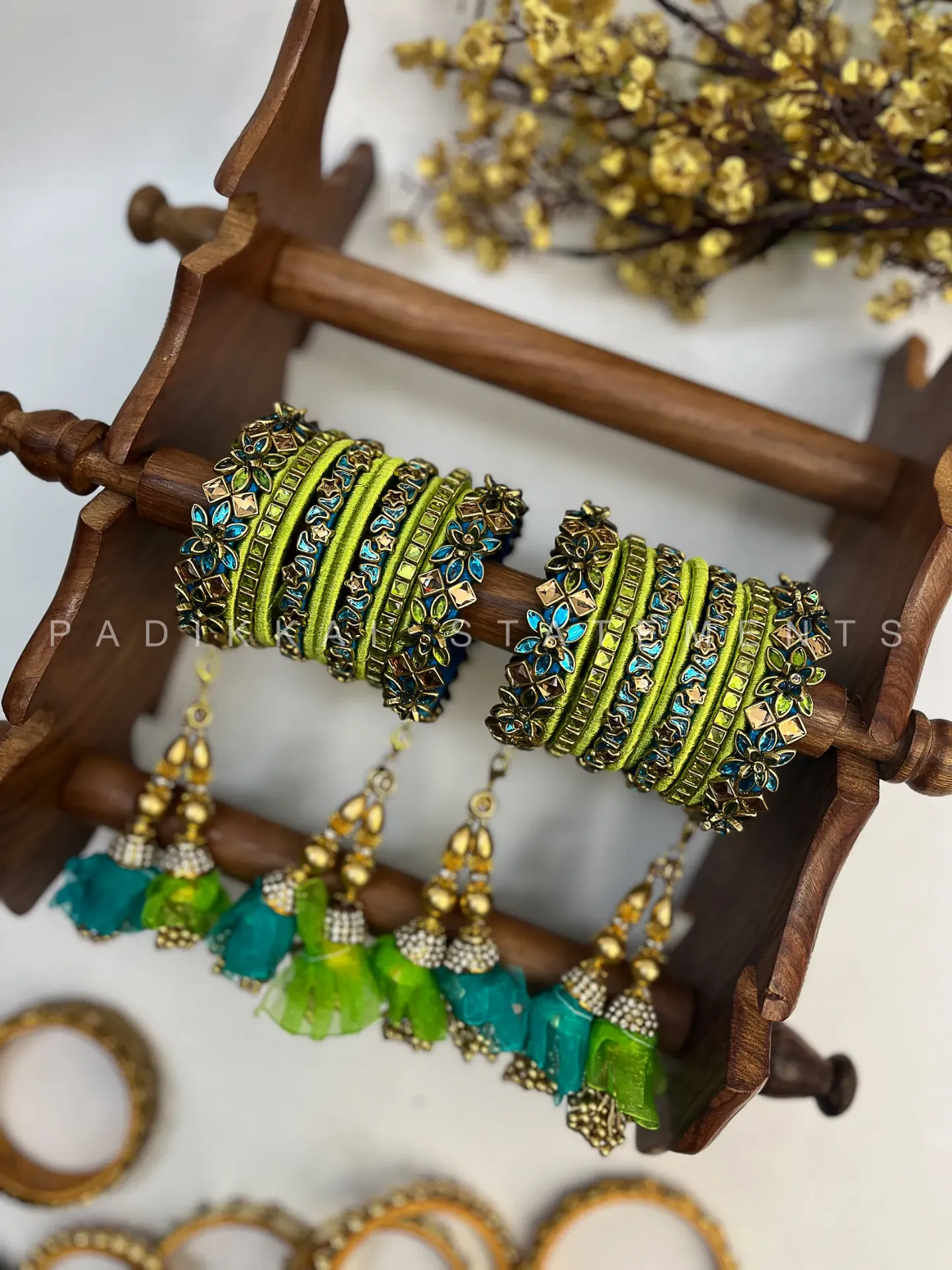 Leela Mayura Latkan Kundan Bangle Set – Parrot Green, Peacock Blue and Antique Gold | Padikkai