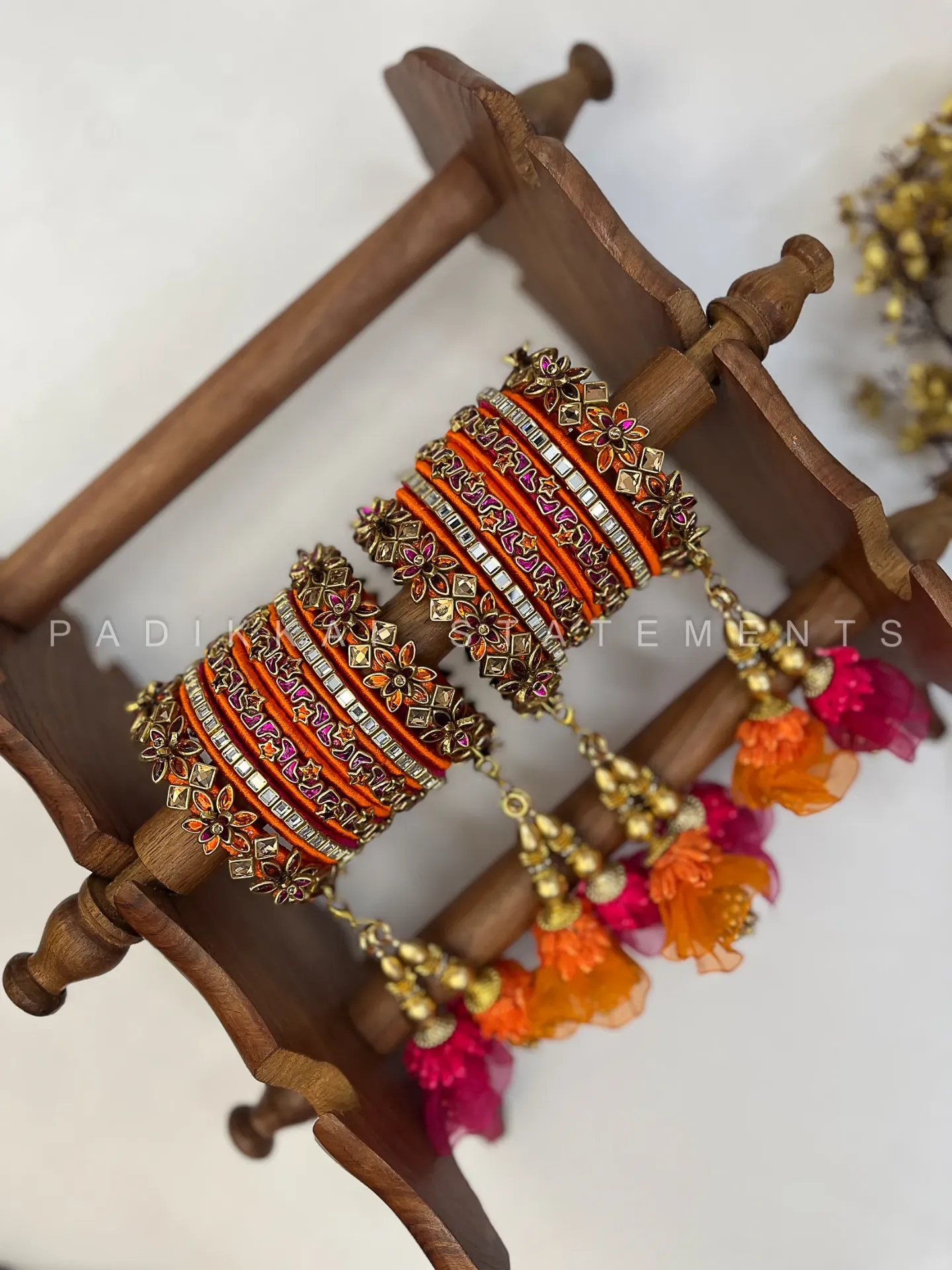 Leela Mayura Latkan Kundan Bangle Set – Saffron Orange, Rani Pink and Antique Gold | Padikkai