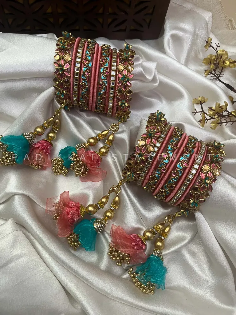 [00006 BN STP E 2.2] Leela Mayura Latkan Kundan Bangle Set – Rose Pink, Turquoise Blue and Antique Gold | Padikkai (2.2)