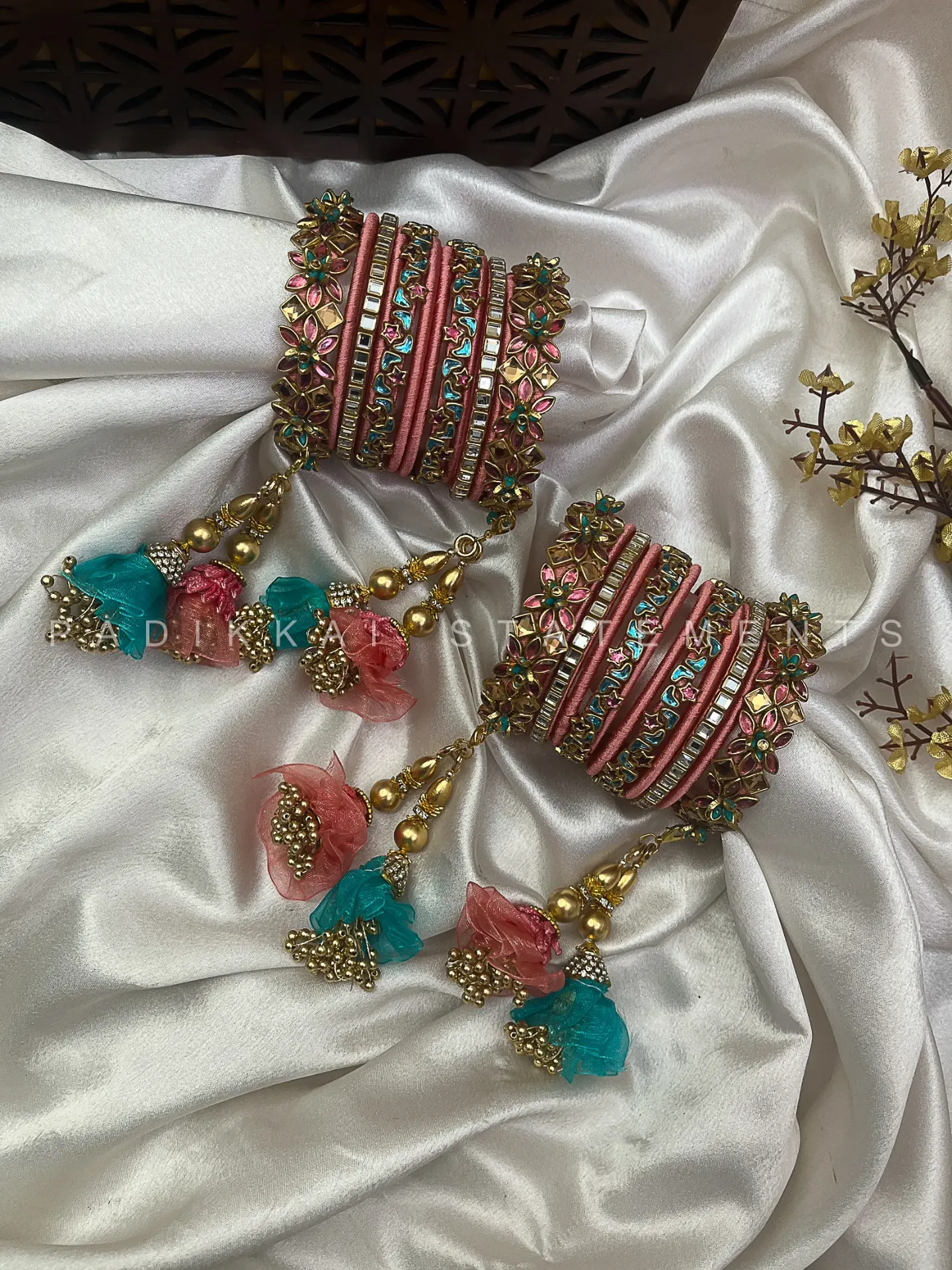 Leela Mayura Latkan Kundan Bangle Set – Rose Pink, Turquoise Blue and Antique Gold | Padikkai