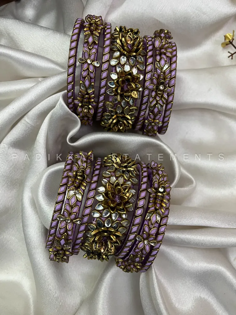Orchid Malar Kundan Bangles – Lilac, Misty Orchid and Gold
