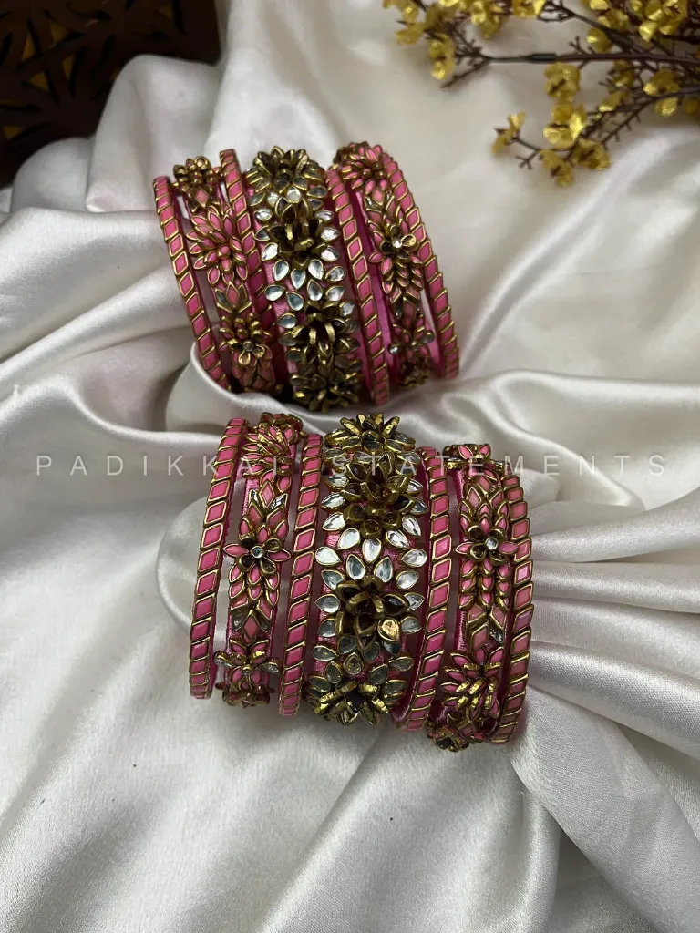 Orchid Malar Kundan Bangles – Rose Pink, Light Pink and Gold
