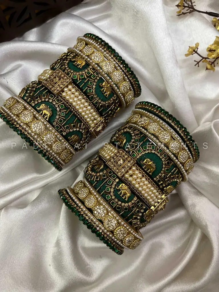[00099 BN MS B 2.2] Samriddhi Gaja Kundan Bangles – Emerald Green, Champagne and Gold (2.2)
