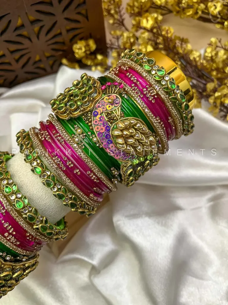 [00329 BN MS B 2.2 WOG] Pakshiraj Peacock Kundan Bangles – Parrot Green, Rani Pink & Gold | Padikkai (2.2, Without Glass Bangles)