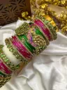 Pakshiraj Peacock Kundan Bangles – Parrot Green, Rani Pink & Gold | Padikkai