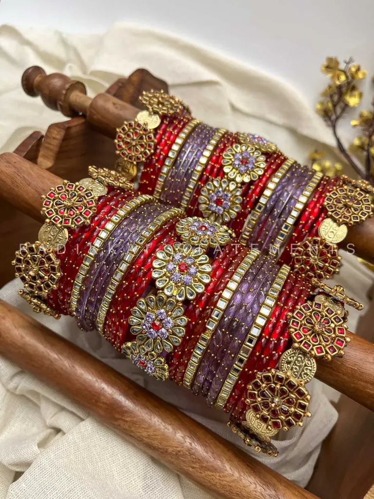 Ruhani Kundan Bangles – Ruby Red, Lilac & Gold | Padikkai