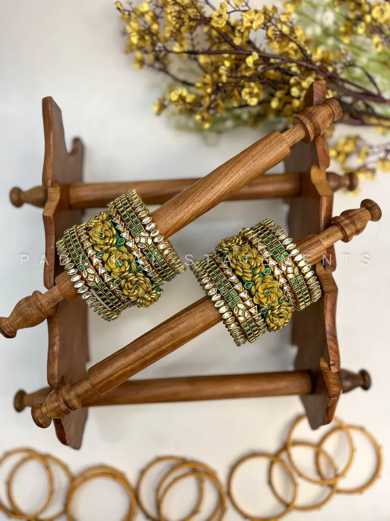 [00012 BN STP A 2.2 1H] Manvika Floral Kundan Bangle Set – Dark Green, Yellow and Gold | Padikkai (2.2, Single Hand Set)