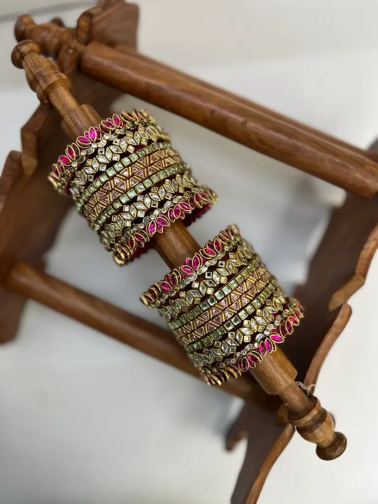 OLD - Layered Lotus Kundan Bangle Set | Semi-Bridal  – Pastel & Rani Pink | Padikkai