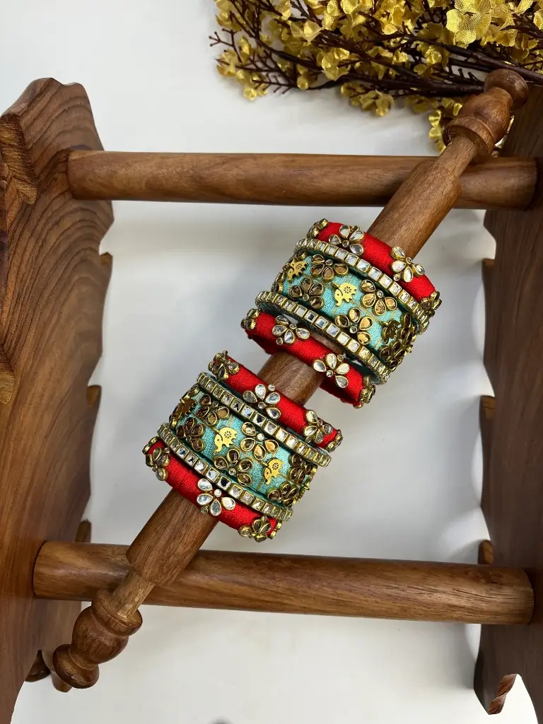 Gaja Motif Kundan Bangle Set | Bridesmaid  – Crimson Red & Ocean Blue  | Padikkai (2.2)