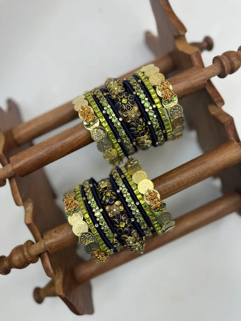 OLD - Lakshmi Green Kundan Bangles for Bride |  Deep Blue and Olive Green | Padikkai (2.2)