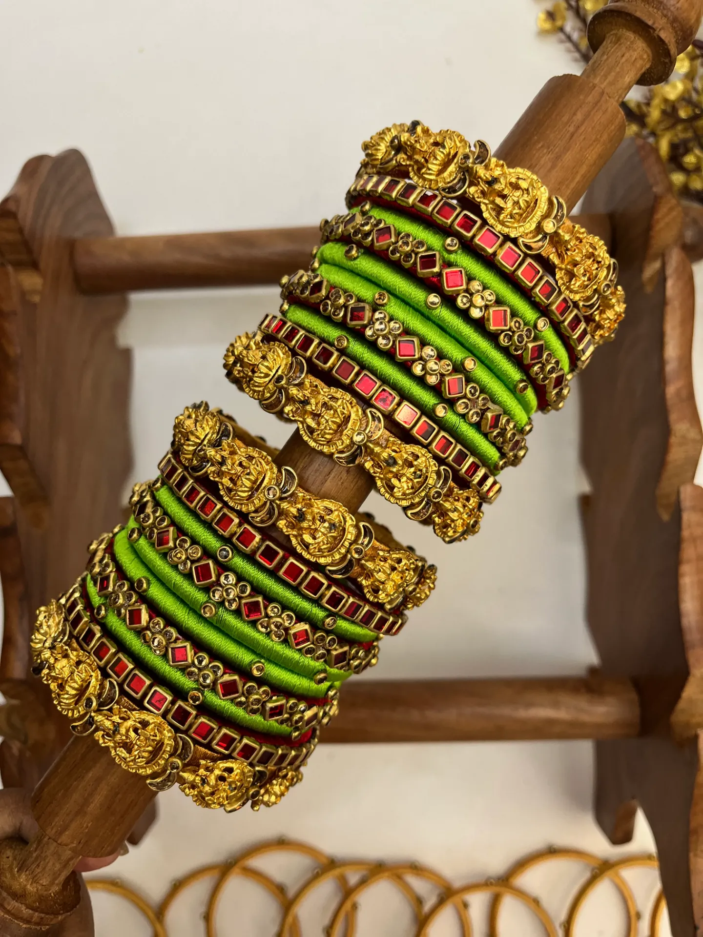 Rangili Lakshmi Parrot Green Bridal Bangle Set |  Parrot Green and Crimson Red | Padikkai