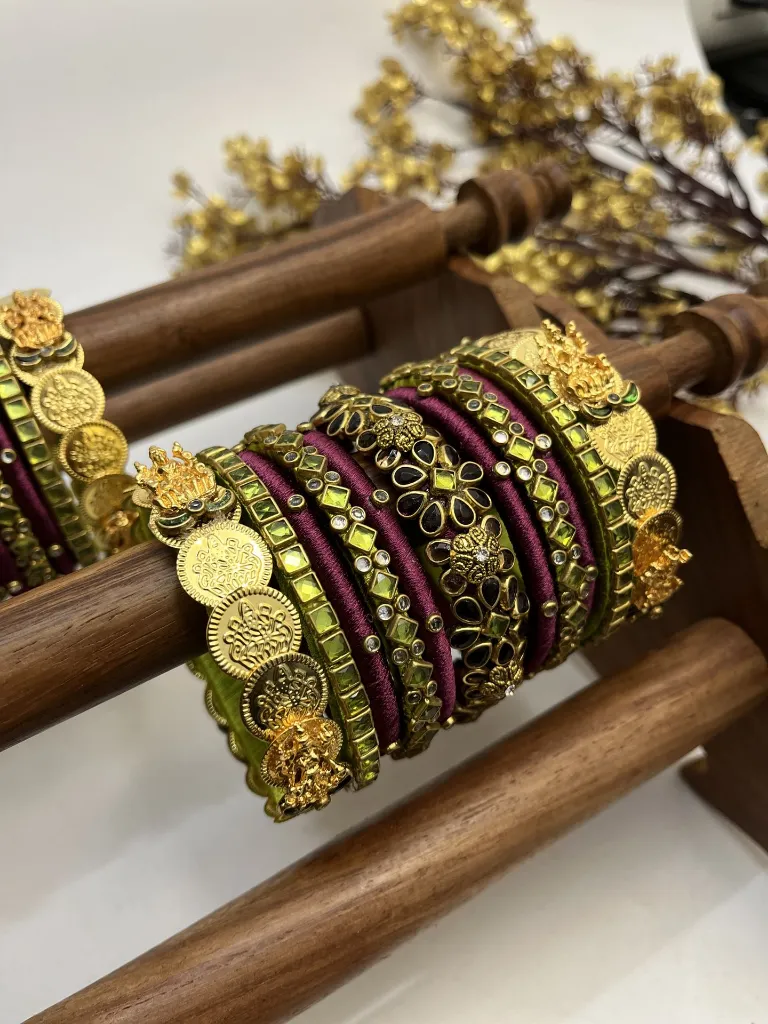 Angur Temple Garden Maroon | Wine Maroon and Mint Green Bridal Bangle Set | Padikkai (2.2)