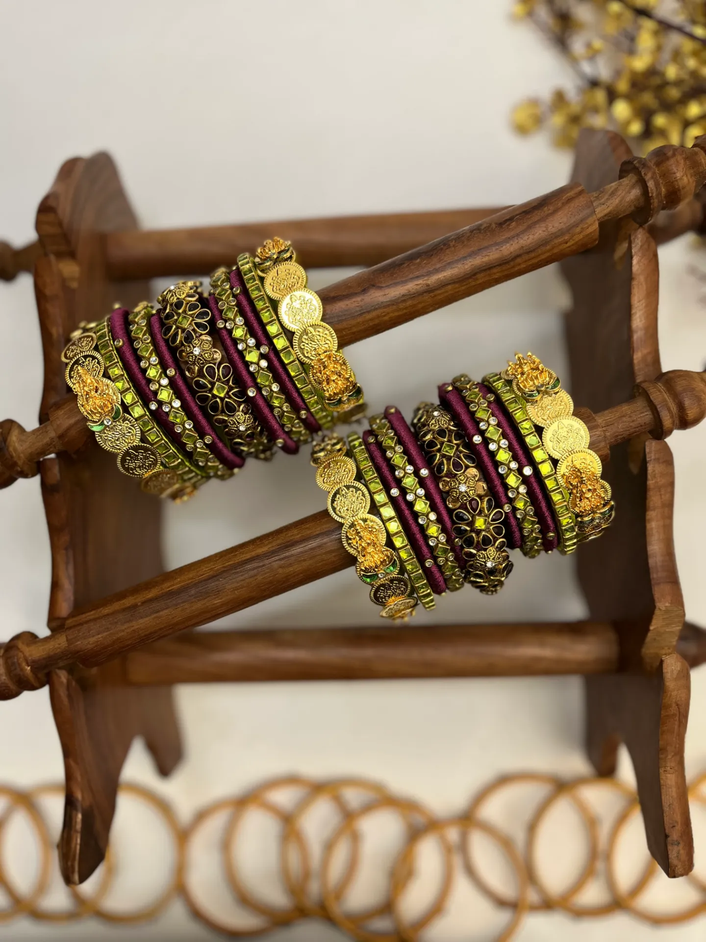 Angur Temple Garden Maroon | Wine Maroon and Mint Green Bridal Bangle Set | Padikkai (2.2)