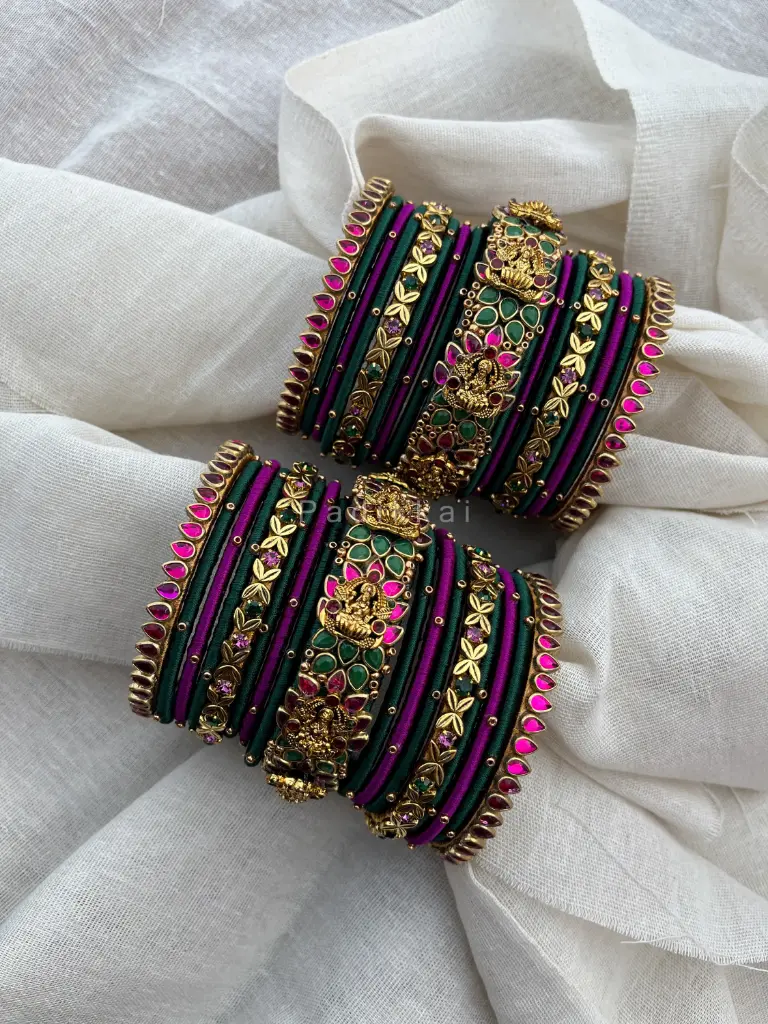 Antique Padmaraga Lakshmi Kundan Bangles – Emerald & Rani Pink | Padikkai (copy) (2.2)