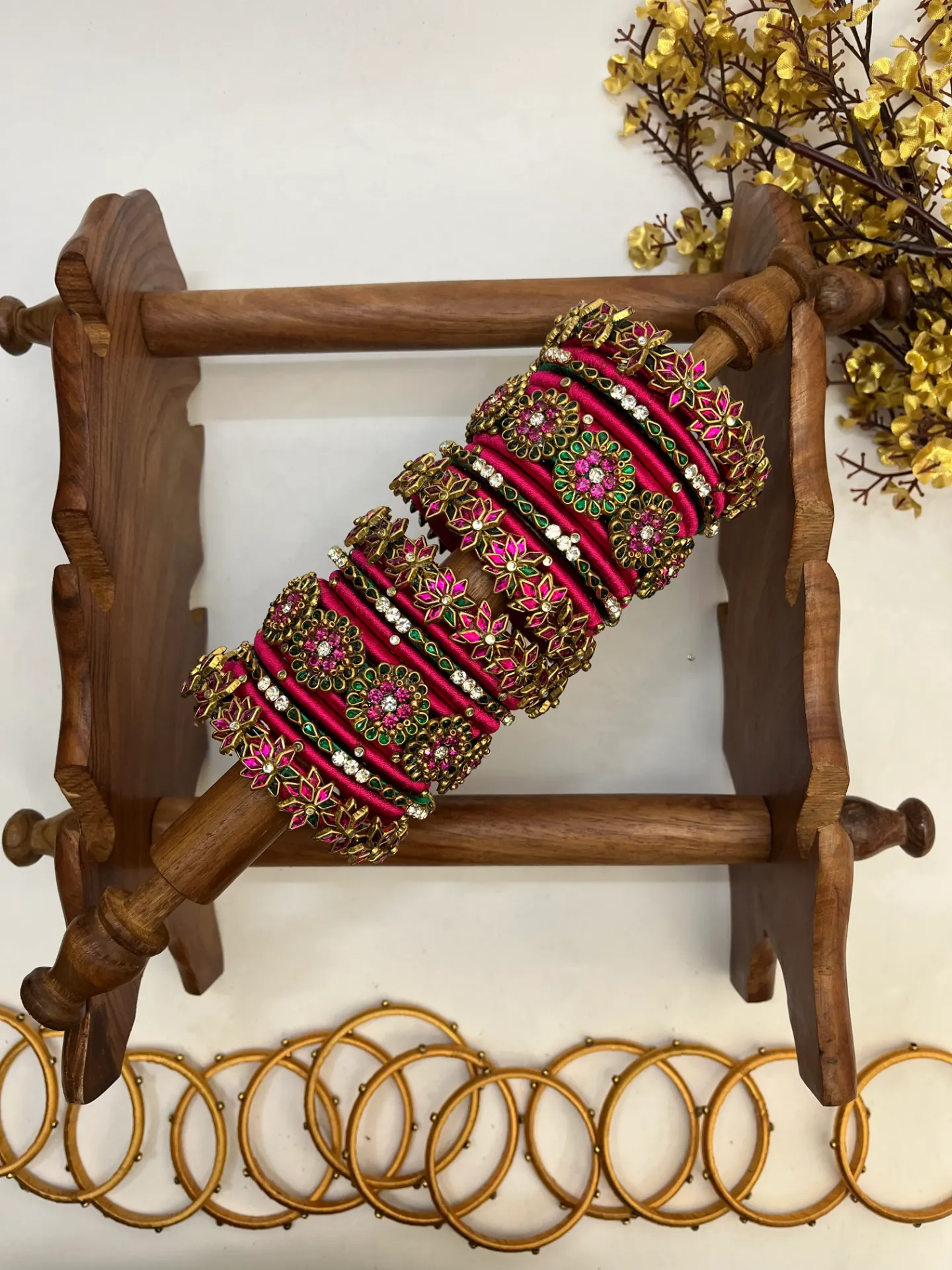 Pushkara Rani Floral Kundan Bangle Set | Rani Pink and Emerald Green | Padikkai