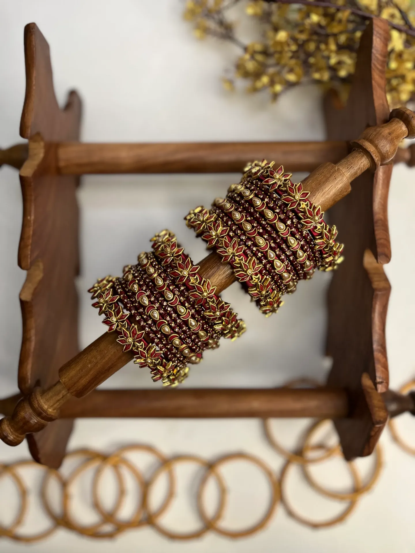 Kumkum Lotus Kundan Bangle Set | Maroon | Padikkai
