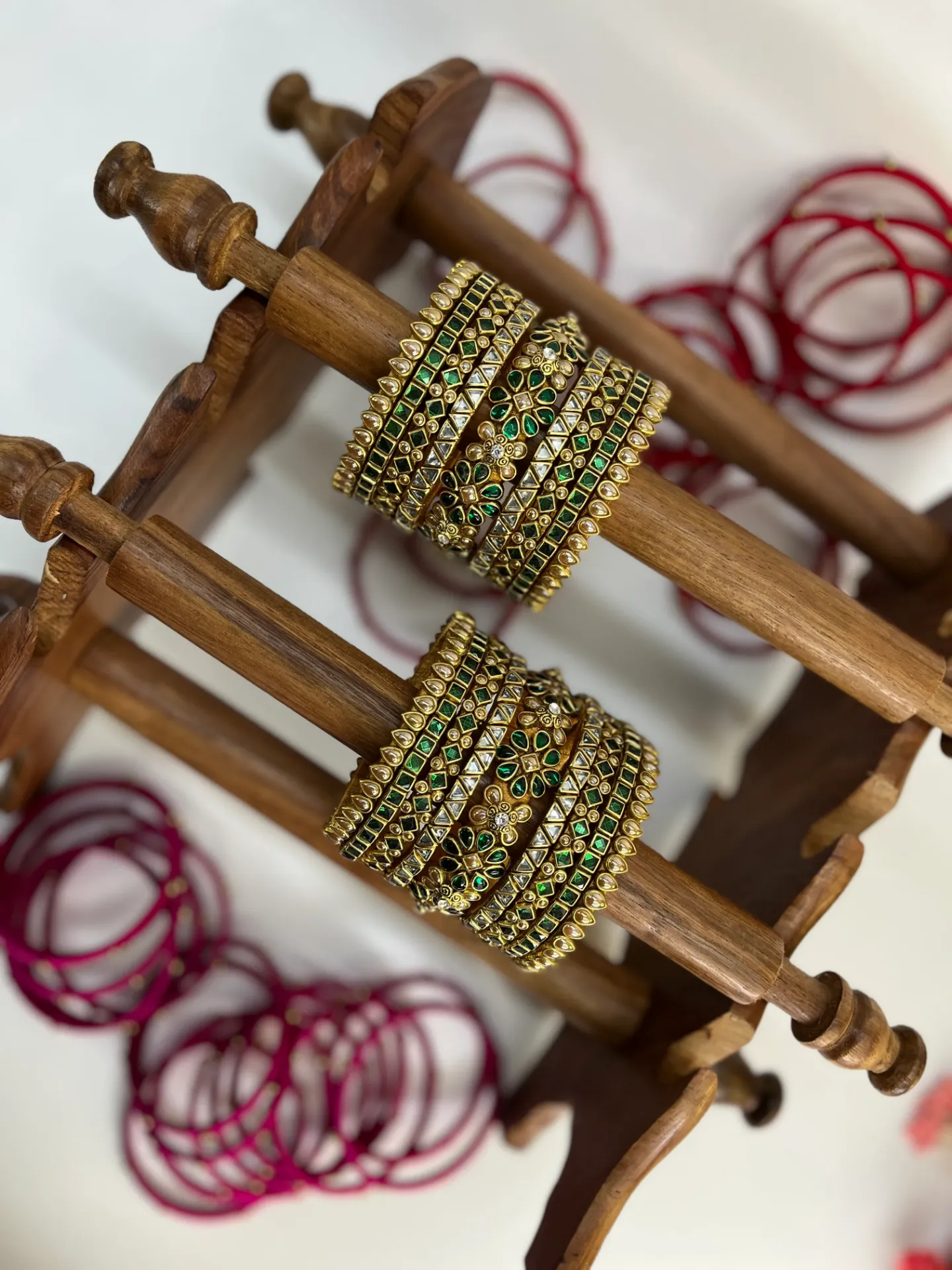 Victorian Emerald Green Kundan Bridal Bangle Set | Bride – Emerald Green & Gold Pearl | Padikkai