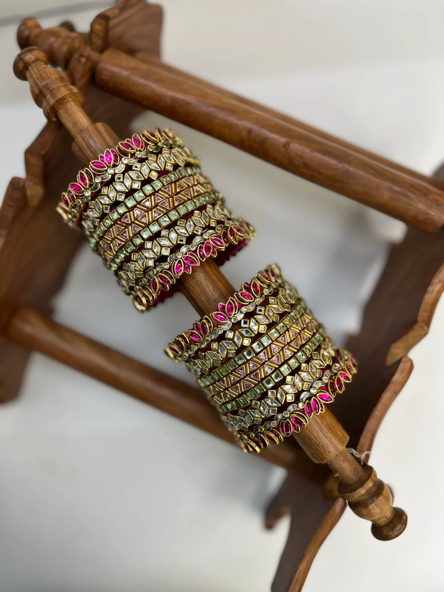 Layered Lotus Kundan Bangle Set | Semi-Bridal – Pastel & Rani Pink | Padikkai (2.2)