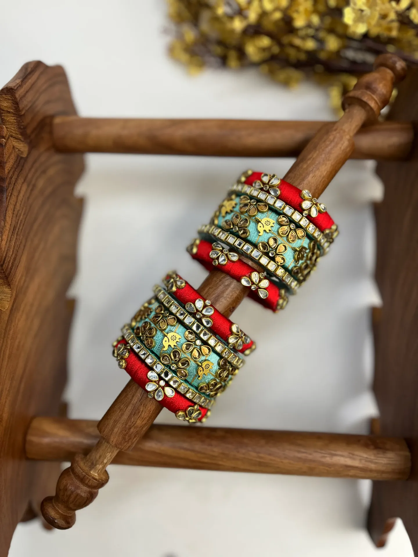 Gaja Motif Kundan Bangle Set | Bridesmaid – Crimson Red & Ocean Blue | Padikkai