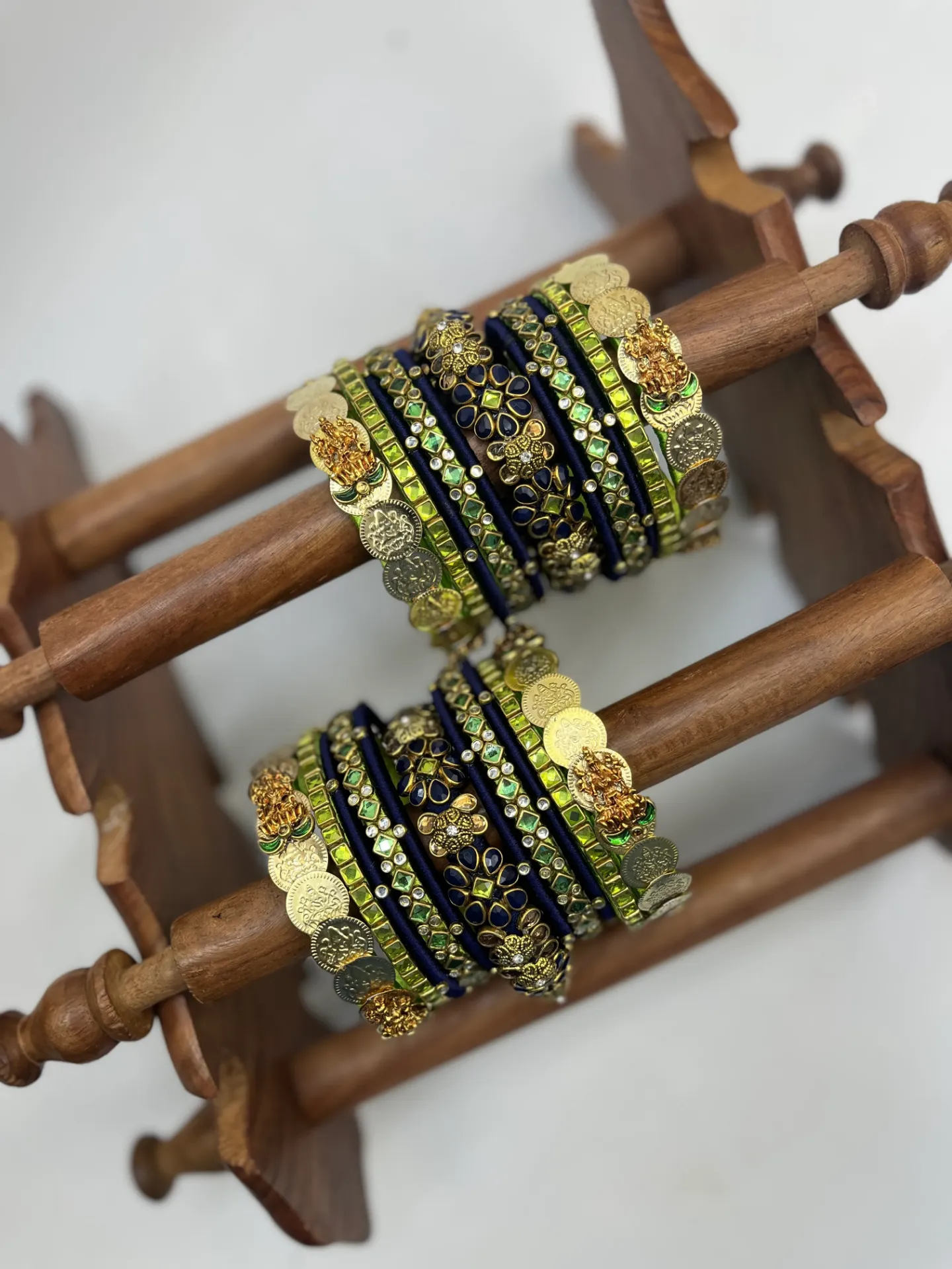 [00158 BN STP B 2.2] Lakshmi Green Kundan Bangles for Bride |  Deep Blue and Olive Green | Padikkai (2.2)