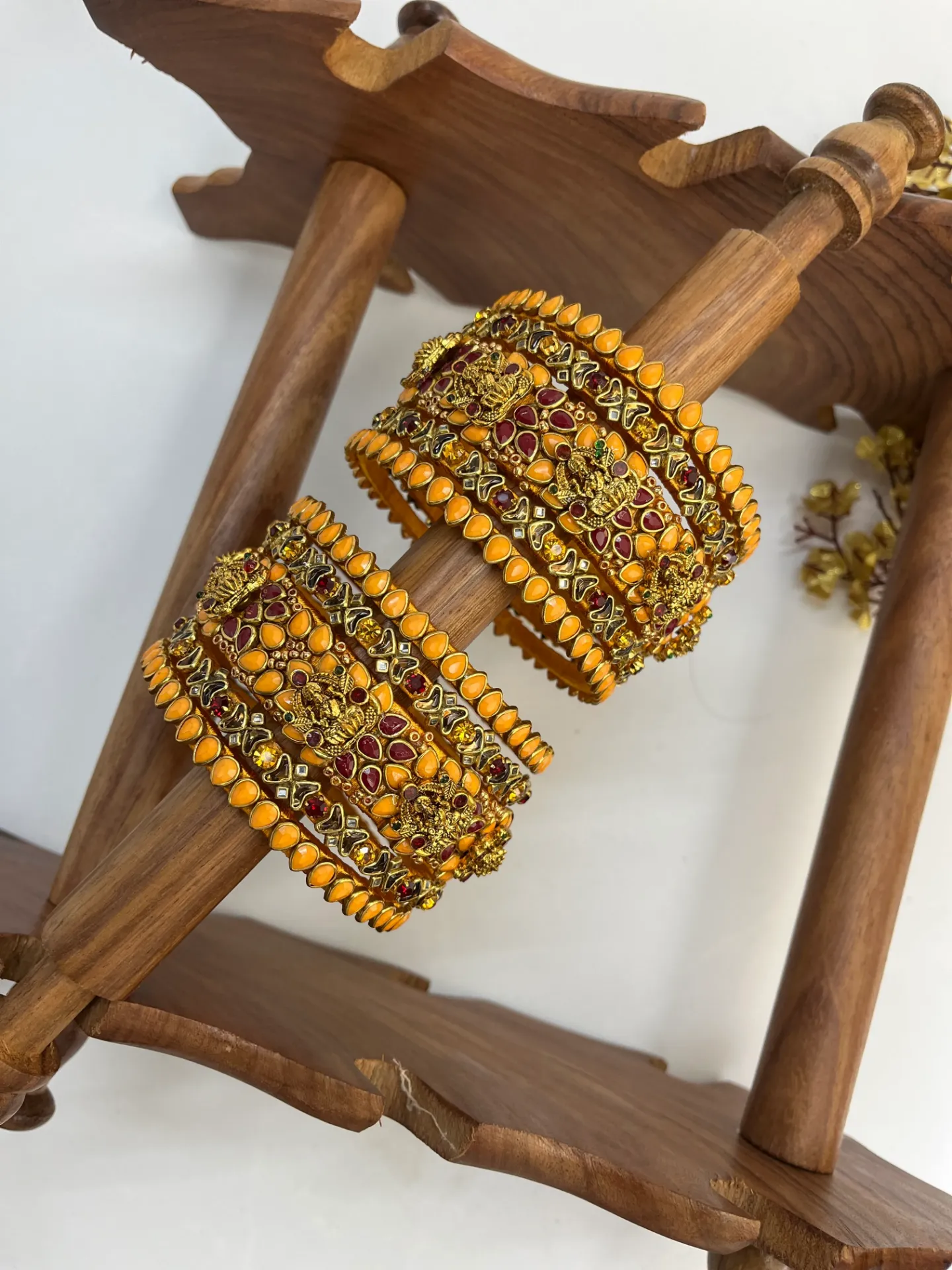 Antique Surya Kundan Bangle Set | Bride – Mango Yellow & Maroon  | Padikkai (2.2)