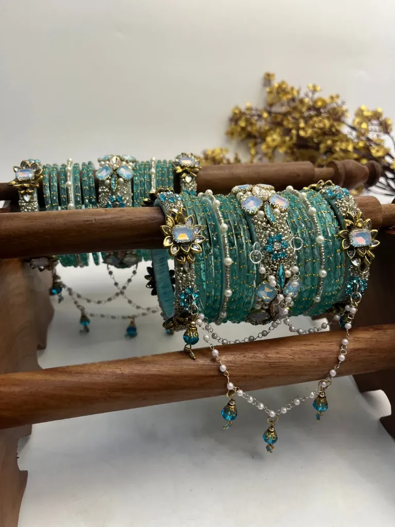 Nila Rani Pearl Chain Bridal Kundan Bangles – Icy Blue & Pearl White | Padikkai (2.2)