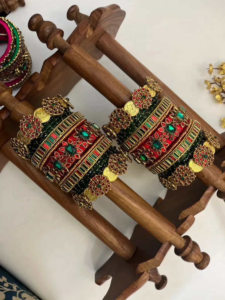 Maragatham Ruby Kemp Traditional Kundan Bangles – Ruby Red and Emerald Green | Padikkai